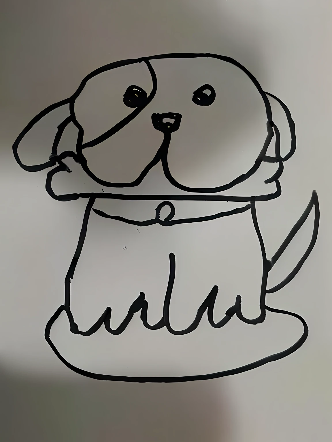 Close-up of dog drawing with collar, badly drawn, Simple drawing, drawn with a single line, thick line drawing, Outlined!!!, painting of cute dog, outlined hand drawn, outlined art, a drawing, handpainted, drawn on paper, hand drawn cartoon, badly drawn, anthropomorphic dog, Simple line art