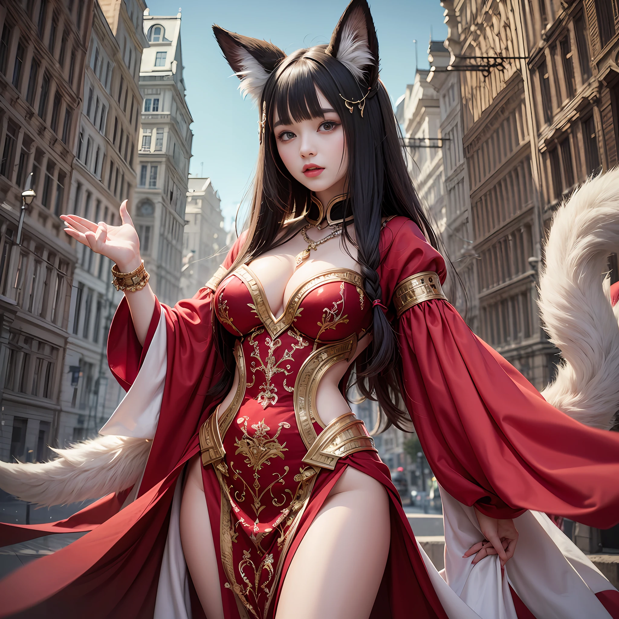 The little red lady of the demon fox is dressed in ancient costume,Long legs,extreme hight detail,Complex structures,ultraclear,Hairstyle Random,Hair color random