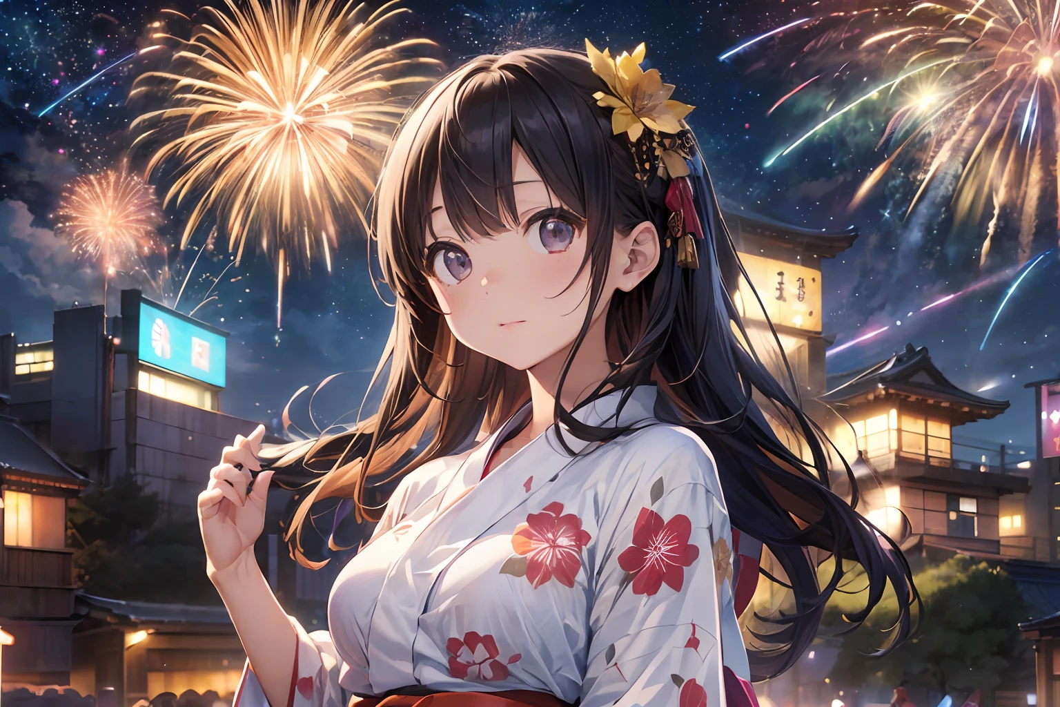 Beautiful Japan girl yukata、(Vast night sky background),(top-quality、8K、32K、masterpiece、nffsw:1.3)、(Photorealsitic:1.4)、Raw photography、hair adornments,Elegant Pose、skyrocket、Fireworks glare、depth of fields、lensflare、