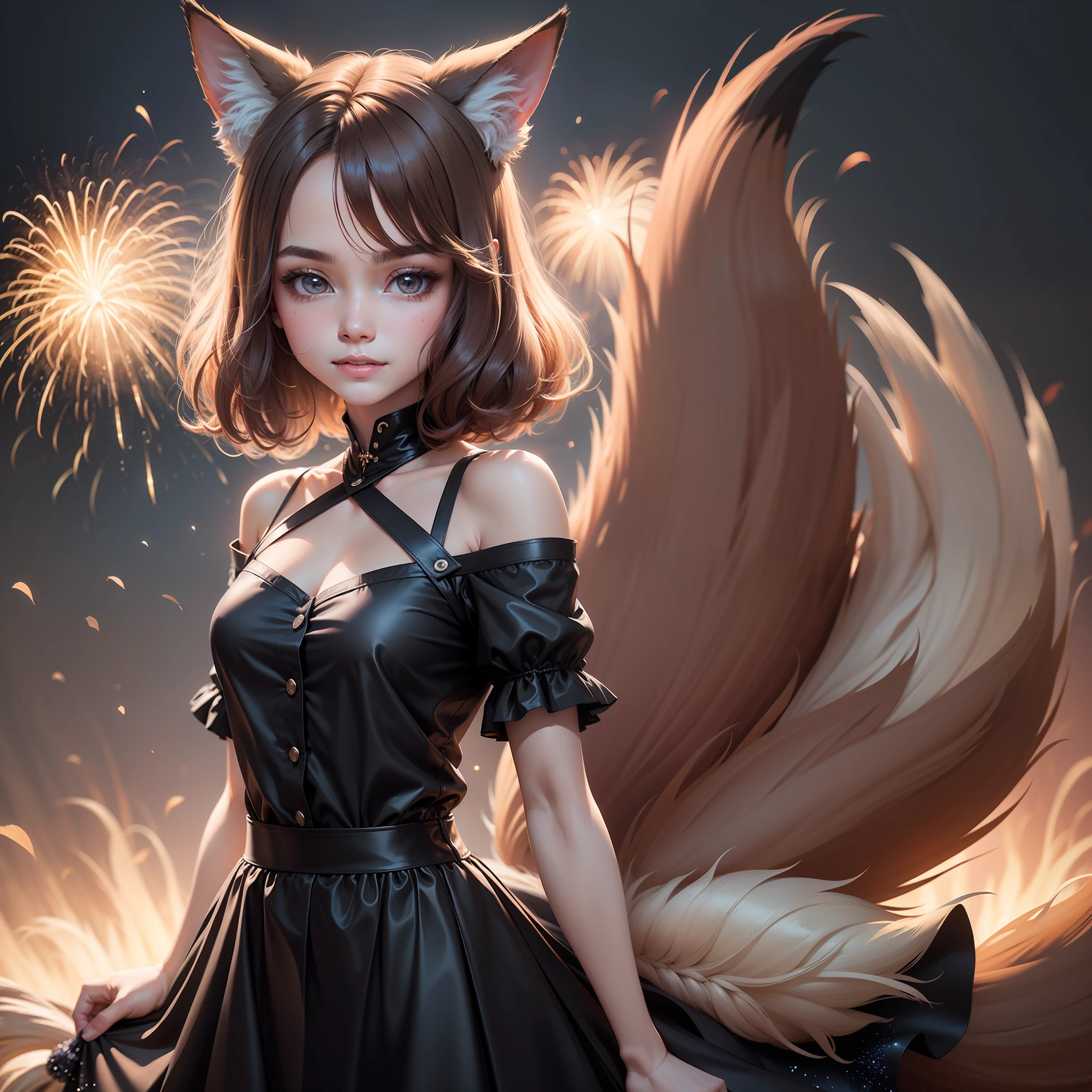 Close-up of the upper body,Portrait of a girl with fox ears,fluffy fox ears,Purple short sleeves,Black tunic,long skirt,,exquisitedetails,Perfect details,sideface,White shirt,short detailed hair,largeeyes,Black eyes,Sparkle,edge lit,long eyelasher,Based on physical rendering,adolable,Lateral face,with a round face,ssmile,,8K,8K high quality detailed art, Beautiful 2D portrait,firework background,Extremely quality,tmasterpiece,Need