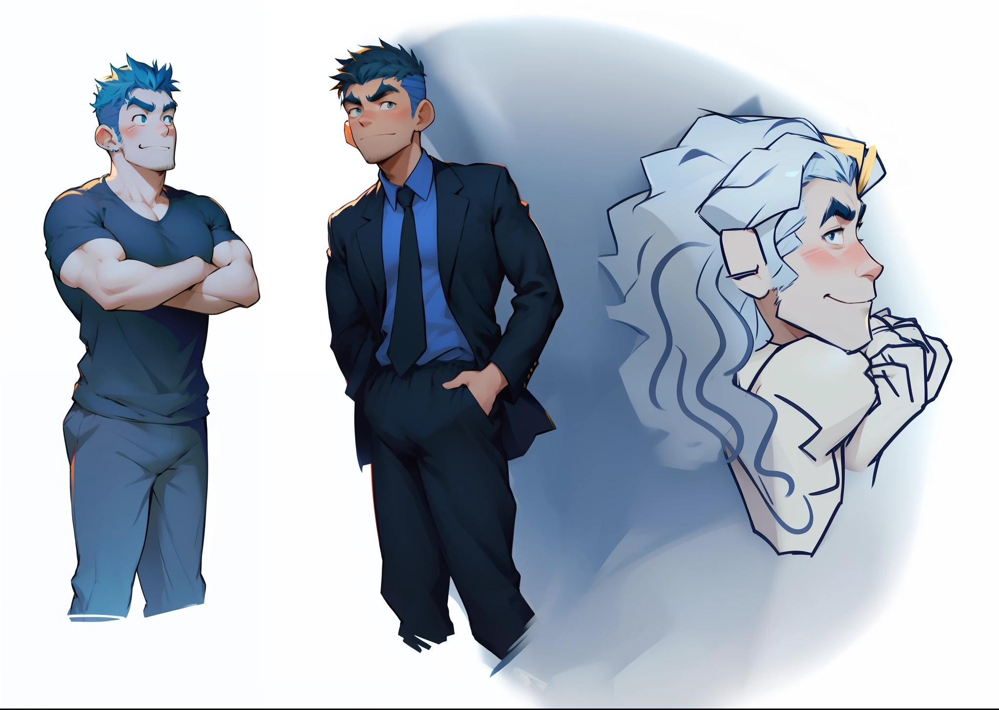 Cartoon of a man next to another man with his arms crossed, dois homens bonitos e no fundo uma mulher passando batom