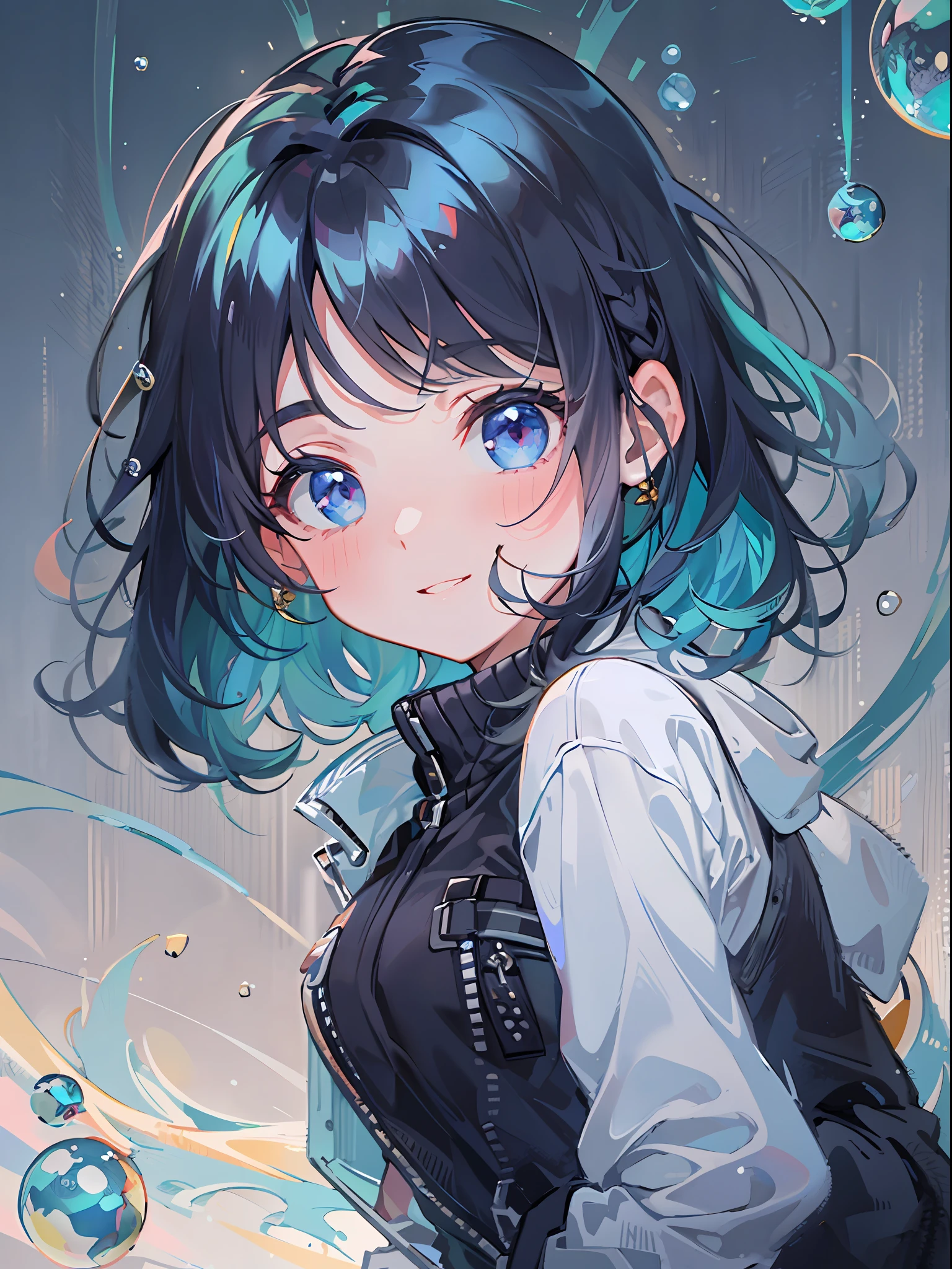((top-quality)), ((masterpiece)), ((ultra-detailliert)), (extremely delicate and beautiful), girl with, 独奏, cold attitude,((Black jacket)),She is very(relax)with the(Settled down)Looks,A dark-haired, depth of fields,evil smile,Bubble, under the water, Air bubble,bright light blue eyes,Inner color with black hair and light blue tips,Cold background,Bob Hair - Linear Art, shortpants、knee high socks、Camisole inner shirt、Hands in pockets