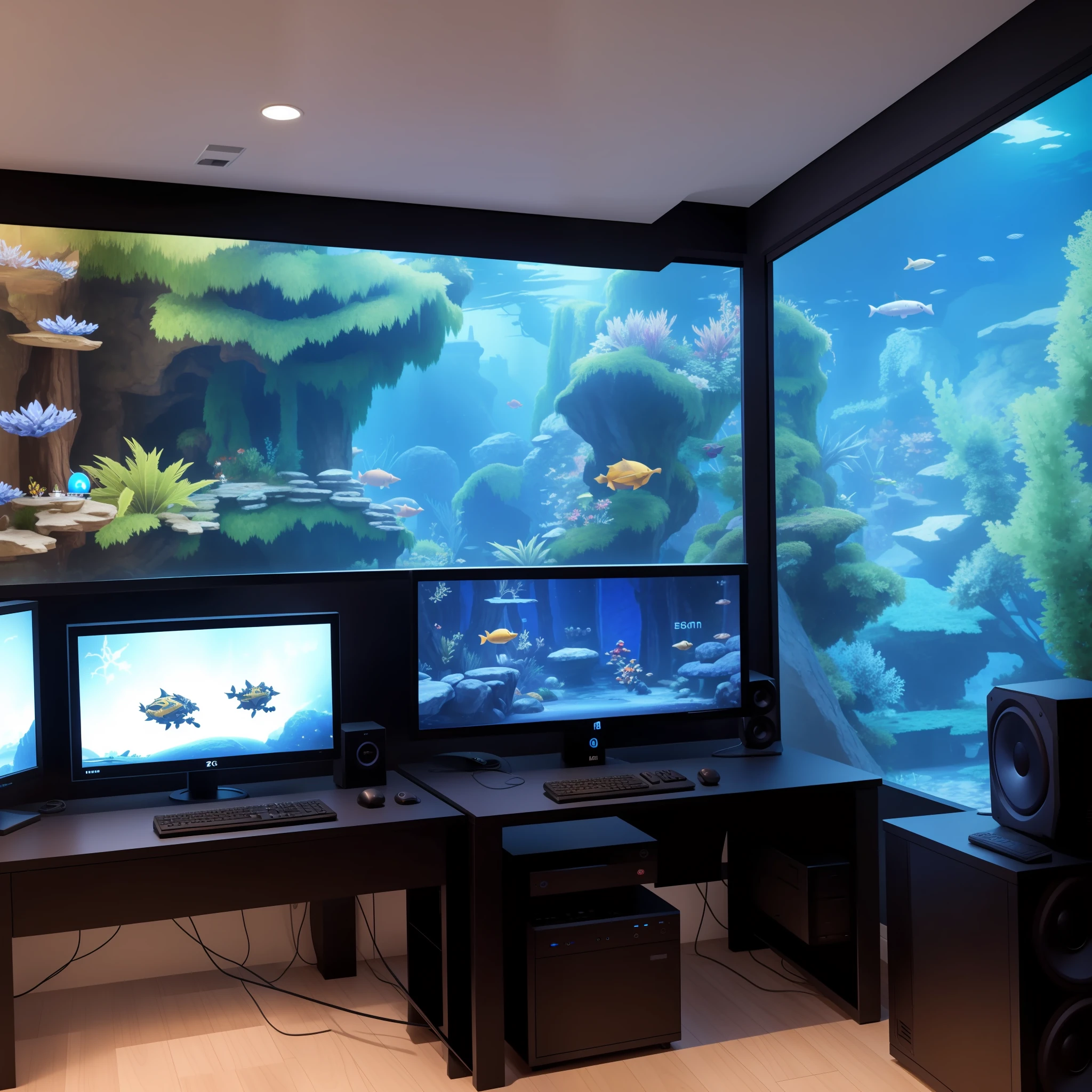 A gaming pc room, beside a large aqurium