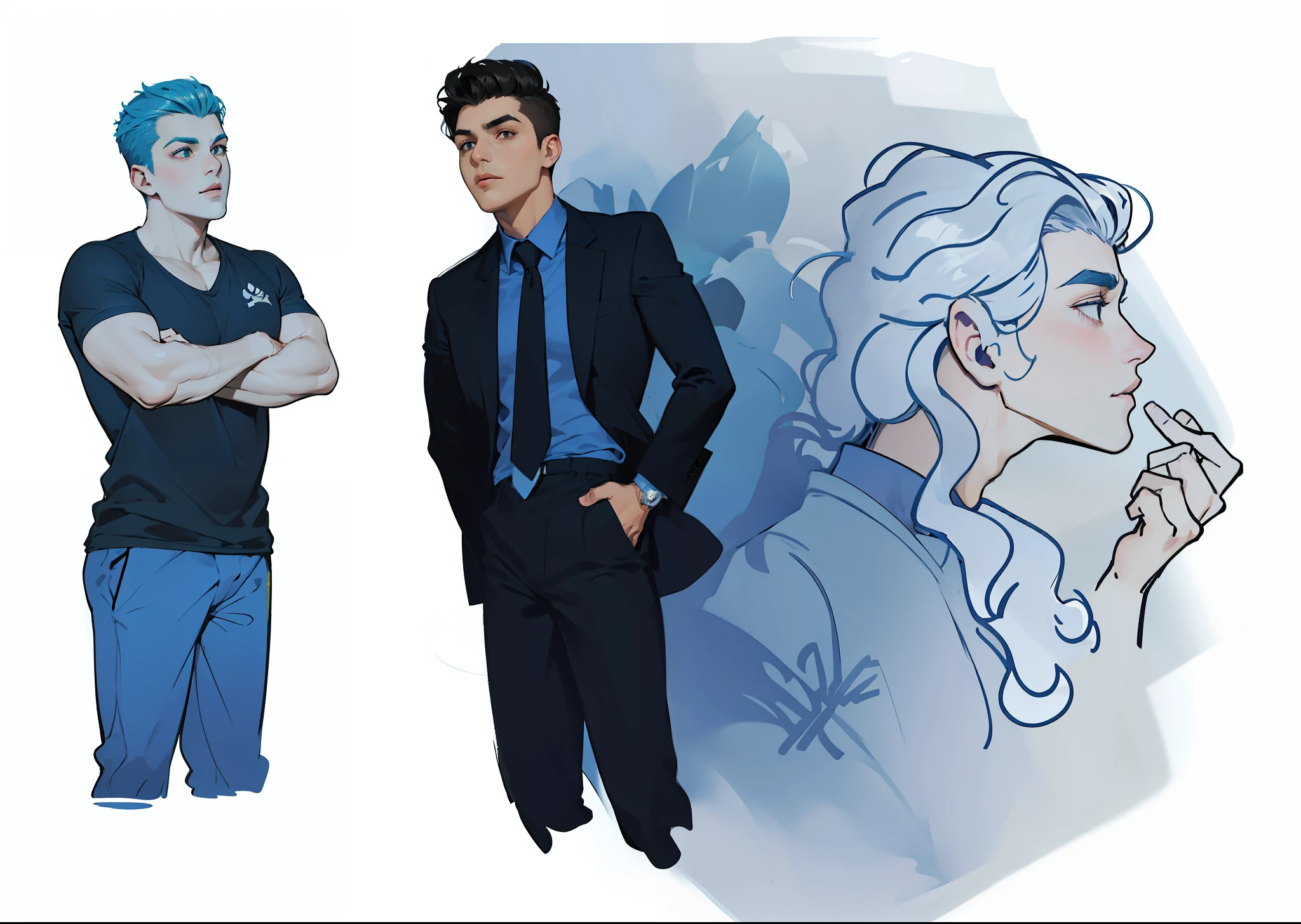 Cartoon of a man next to another man with his arms crossed, dois homens bonitos e no fundo uma mulher passando batom