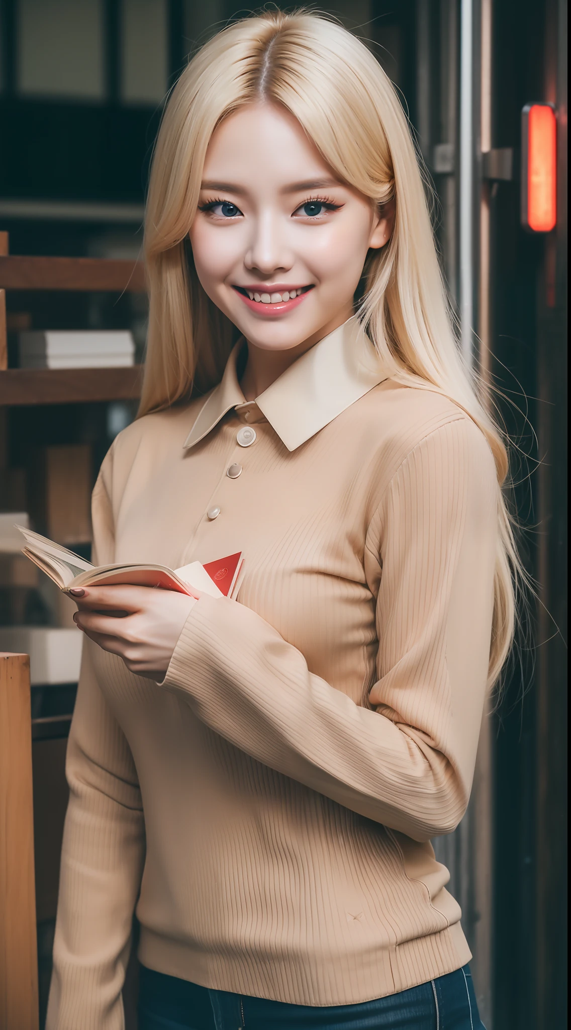 realistic photos of (1 cute Korean star) blonde long hair, thin makeup, 32 inch breasts size, slightly smile, wearing long sleeves shirt with bottons, hold the book, standing at the alley, upper body portrait, stereogram, UHD