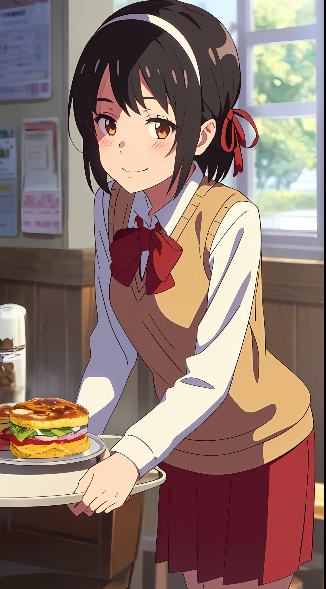 shinkai makoto, kimi no na wa., 1girl, bangs, black hair, blush, bow, brown eyes, collared shirt, headband, looking at the viewer, red bow, red headband, red ribbon, Ribbon, school uniform, shirt, short hair, smile, solo, sweater vest, vest, white shirt, yellow sweater vest, yellow vest, smile, happy, long skirt, long sleeves, puffy sleeves, red neckerchief, indoors, coffee shop, cowboy shot, tray, tray in one hand, masterpiece, best quality