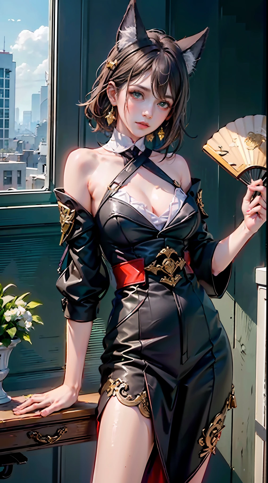 1girl, official, green eyes, Folding fan in one hand, another hand rings the bell, brown hair, Surrealism, depth of field, anatomically correct, textured skin,facing away,looking at viewer, from side, head tilt ,(leaning back:1.5) ,UHD, masterpiece, high quality, high details, 8k