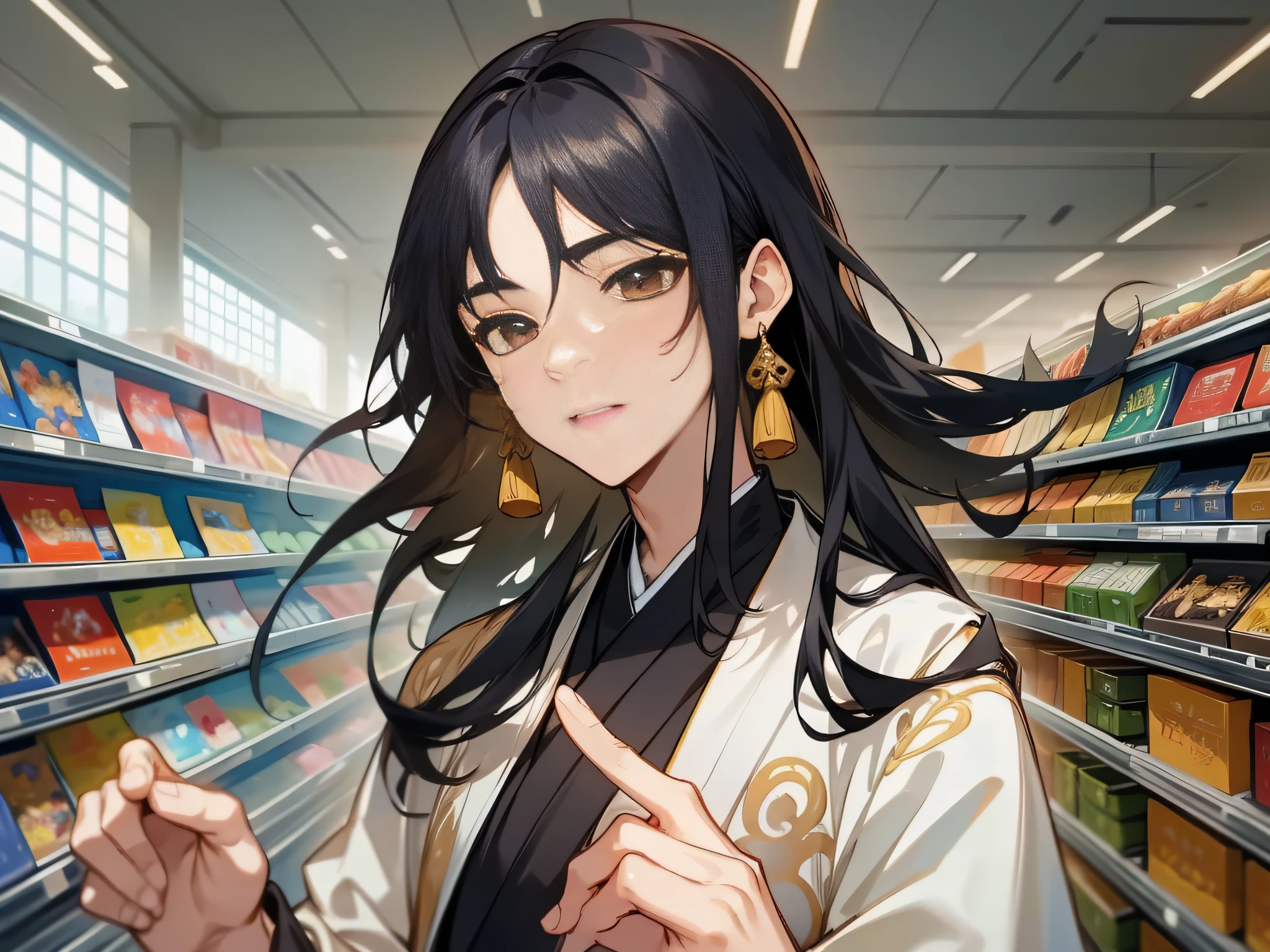 Grocery store，There are a lot of books，has gold，There are weapons，A world of ancient styles that comes to life，tmasterpiece，Need，China-style，Hanfu，Ancient wind，cultivating immortals，Delicate man，Lots of details，Highest quality，Black color hair，long whitr hair，Hair has split ends，High quality，High clarity