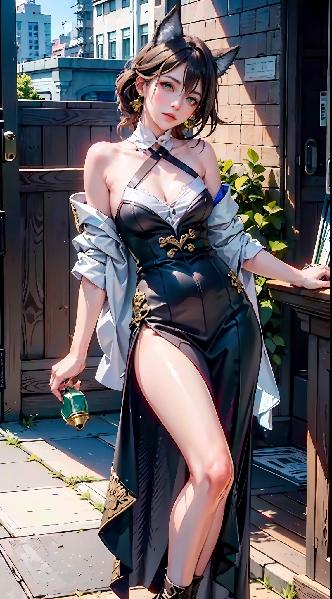 1girl, official, green eyes, Folding fan in one hand, another hand rings the bell, brown hair, Surrealism, depth of field, anatomically correct, textured skin,facing away,looking at viewer, from side, head tilt ,(leaning back:1.5) ,UHD, masterpiece, high quality, high details, 8k