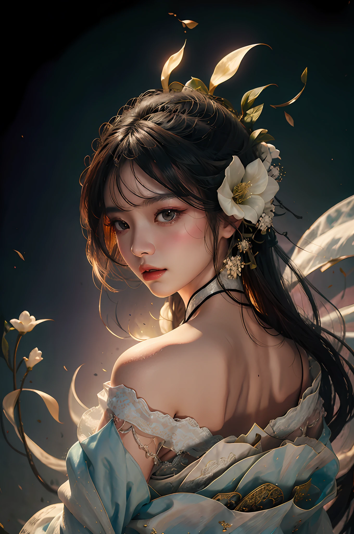 Zhong Fenghua， 1girll， （full bodyesbian） 独奏， Hanfu， flower  field， blossom flower， （White smoke：1.3） （realisticlying：1.5）， datura， entangled， offcial art， Unity 8k壁纸， ultra - detailed， Beautiful and beautiful， tmasterpiece，best qualtiy， （dynamic angle：1.4）， （Realistic：1.5），（Real human photos；1.5），Glowing skin， （Floating colorful flashes：1），The most beautiful forms of chaos，ellegance，Fauvistdesign，vivd colour，Romanticism Depth of Field，