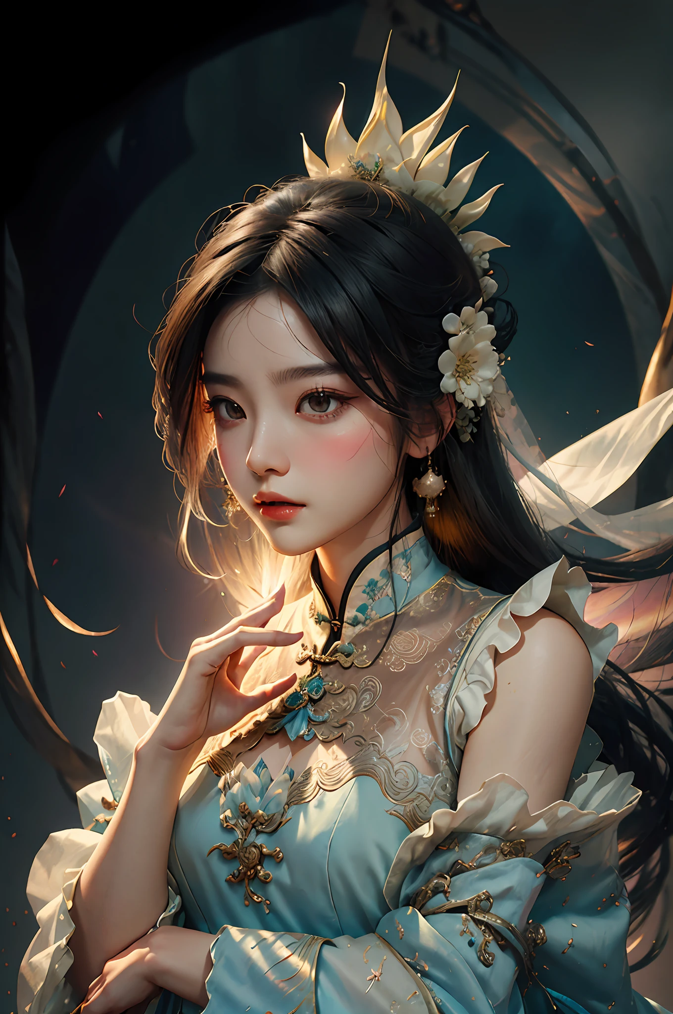Zhong Fenghua, 1girll, (full bodyesbian) 独奏, Hanfu, flower field, blossom flower, (White smoke:1.3) (realisticlying:1.5), datura, entangled, offcial art, Unity 8k壁纸, ultra - detailed, Beautiful and beautiful, tmasterpiece,best qualtiy, (dynamic angle:1.4), (Realistic:1.5),(Real human photos;1.5),Glowing skin, (Floating colorful flashes:1),The most beautiful forms of chaos,ellegance,Fauvistdesign,vivd colour,Romanticism Depth of Field,