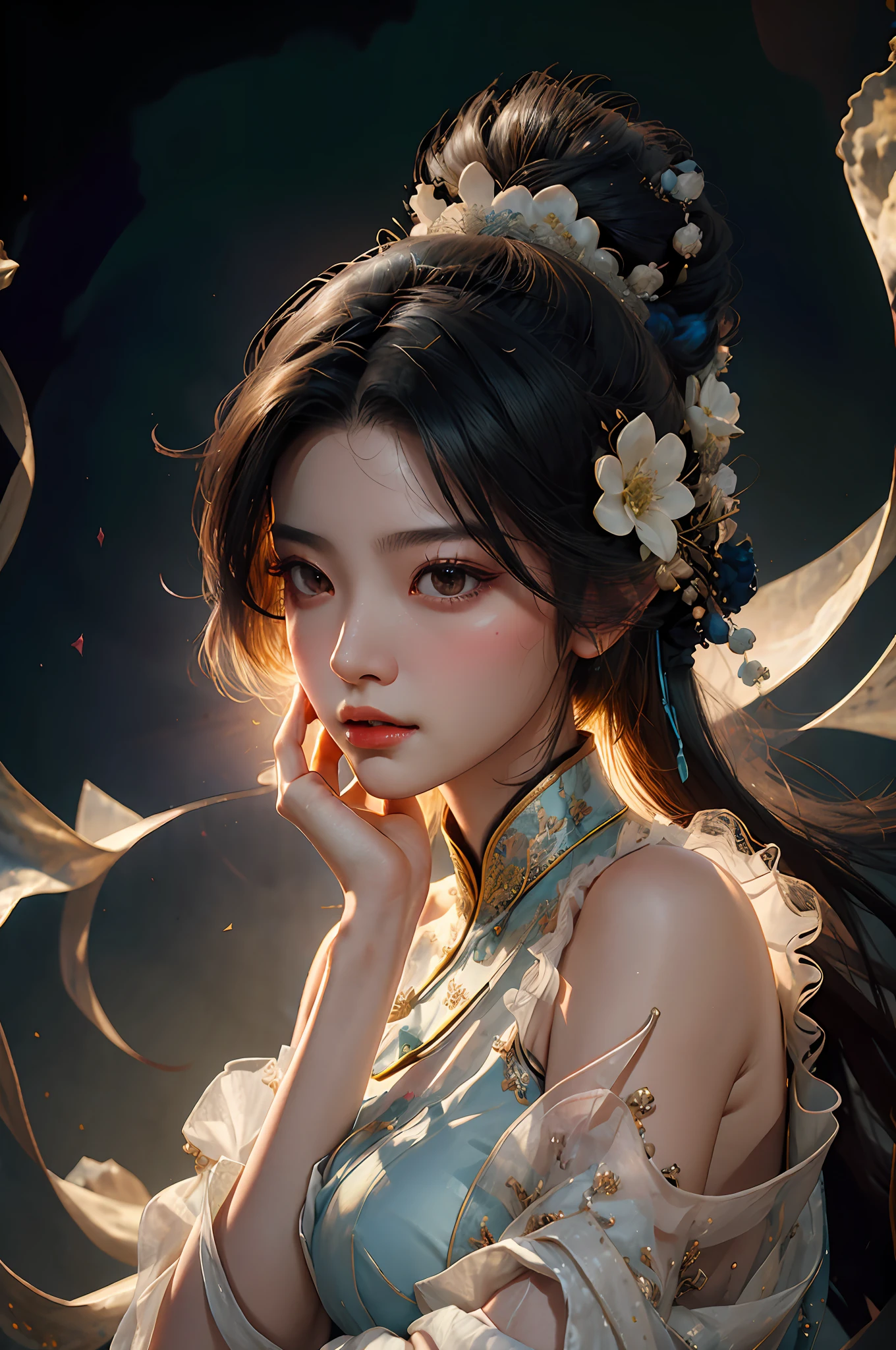 Zhong Fenghua， 1girll， （full bodyesbian） 独奏， Hanfu， flower  field， blossom flower， （White smoke：1.3） （realisticlying：1.5）， datura， entangled， offcial art， Unity 8k壁纸， ultra - detailed， Beautiful and beautiful， tmasterpiece，best qualtiy， （dynamic angle：1.4）， （Realistic：1.5），（Real human photos；1.5），Glowing skin， （Floating colorful flashes：1），The most beautiful forms of chaos，ellegance，Fauvistdesign，vivd colour，Romanticism Depth of Field，