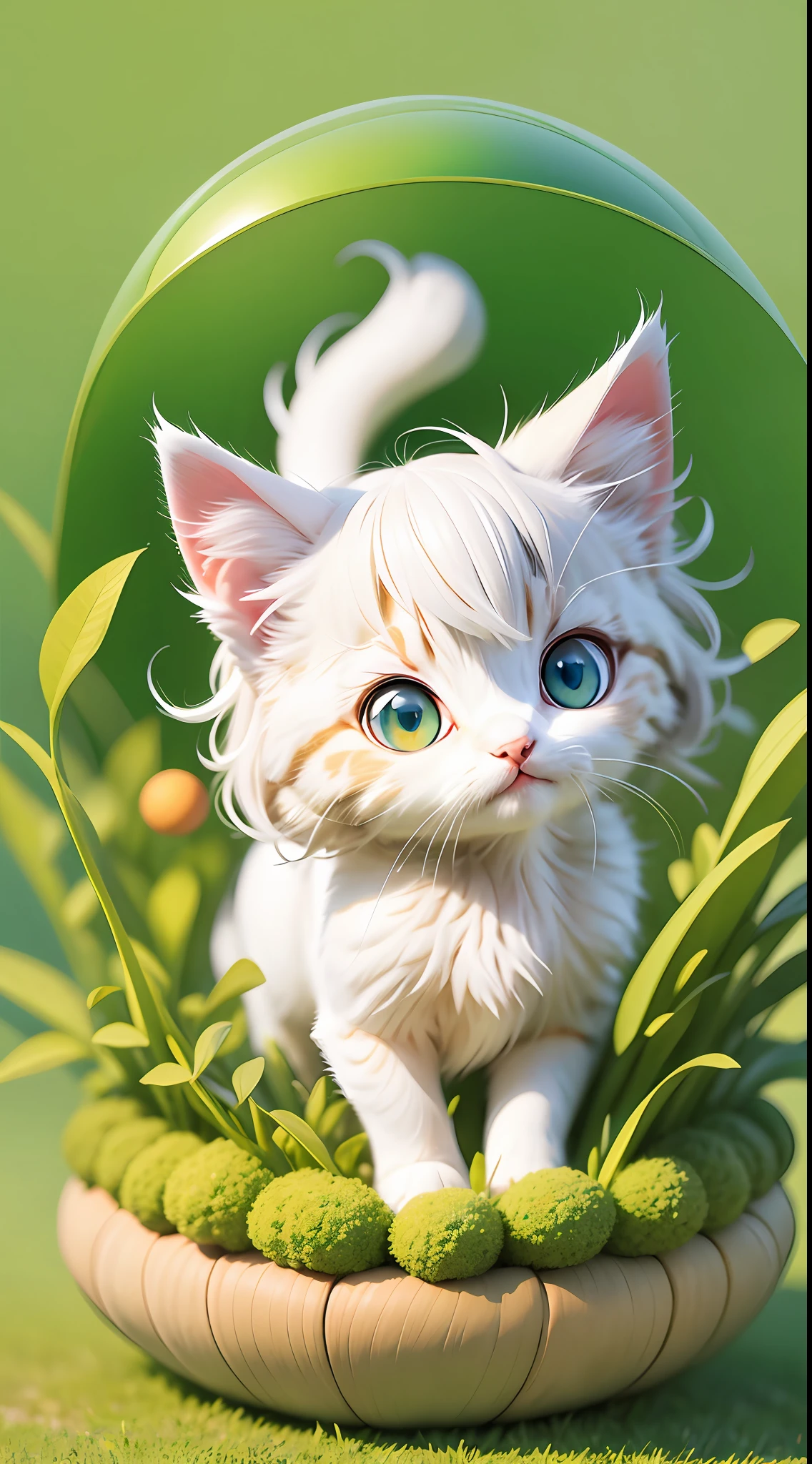 A white-haired kitten，adolable，spherical，cleanness，afloat，shaggy，Big eyes，Non-human，In the green one，Simple，ssmile，Funny，Morandi color system，looking to the right，Turn right