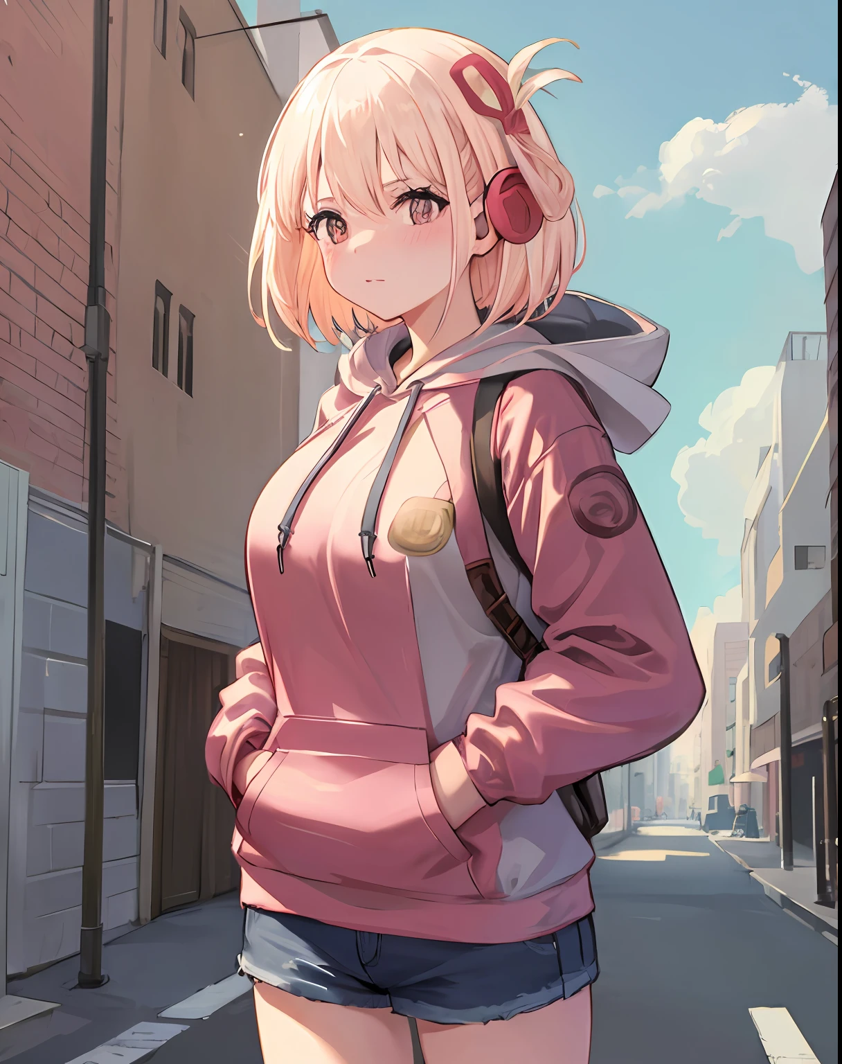 1girl,large breasts,
outdoors,cityscape, street,standing,cowboy shot,
(hoodie),headphones around neck,
blush,