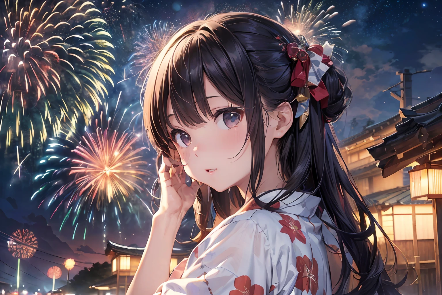 Beautiful Japan girl yukata、(Fireworks in the vast night sky),(top-quality、8K、32K、masterpiece、nffsw:1.3)、(Photorealsitic:1.4)、Raw photography、hair adornments,Elegant Pose、skyrocket、Fireworks glare、depth of fields、lensflare、