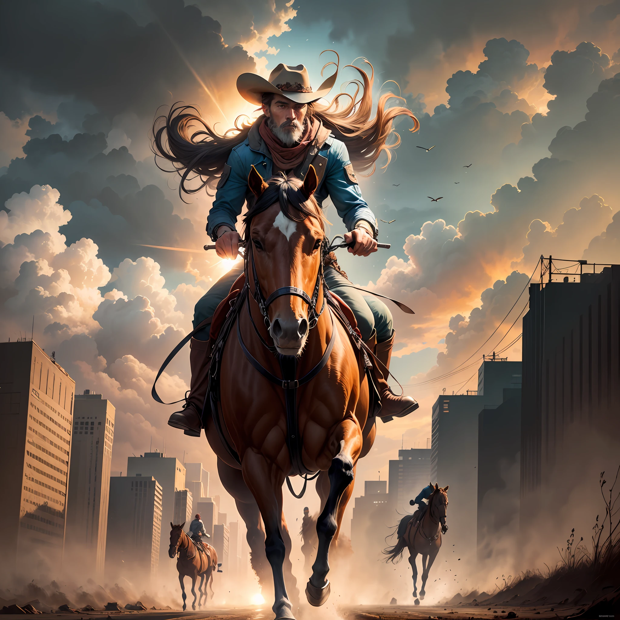 Cowboy in a dystopian apocalyptic world riding his horse while being chased by other outlaws behind him, the sun is setting in a windy & stormy evening with gust of wind trying to knock his hat of his head but the cowboy is holding on to it with his hand