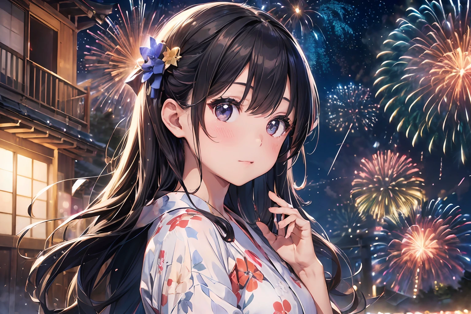 Beautiful Japan girl yukata、(Fireworks in the vast night sky),(top-quality、8K、32K、masterpiece、nffsw:1.3)、(Photorealsitic:1.4)、Raw photography、hair adornments,Elegant Pose、skyrocket、Fireworks glare、depth of fields、lensflare、