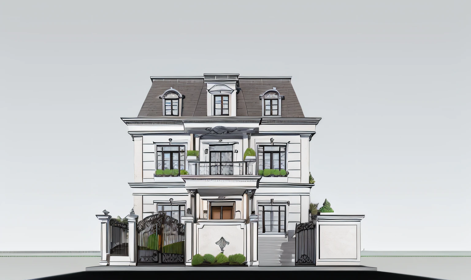 a rendering of a two story house with a gate and a gated entrance, inter dimensional villa, exterior design, neo - classical style, neoclassical style, frontview, front elevation view, residential design, neoclassicism style, house illustration, architectural rendering, highly detailed architecture, complete house, architectural illustration, villa, street elevation, rich house, neotraditional modern