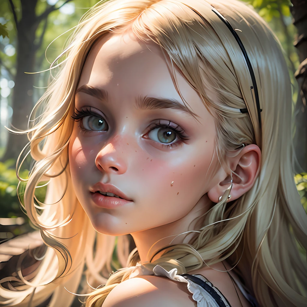 a photorealistic portrait of a beautiful seven-year-old girl. Her eyes are realistically rendered and captivating, drawing the viewer into the artwork. The girl has a fantastic face, with Caucasian features and a lovely expression. She wears a knee-length crochet dress, adding a touch of Storybook style to the scene. The portrait is bathed in warm, dreamy lighting, creating a cinematic and hyperrealistic atmosphere. The character design is expertly executed, featuring 3D shading techniques that bring depth and life to the girl's appearance. The artwork has a posterized effect, giving it a unique and eye-catching visual style. This masterpiece is part of a collection of artworks, each showcasing lush and vivid colors that enchant the audience. The setting is a twilight scene, with the girl sitting in a wooded forest brimming with colorful flowers. She is portrayed from the back, looking up at the sky, engrossed in a heartfelt conversation and learning with God. The woodland environment adds a sense of wonder and magic to the artwork, transporting viewers into a world of imagination and spirituality. The girl is depicted as a little chubby, adding to her endearing and relatable qualities. Her fair skin complements her long straight blonde hair, which gently curls at the ends, giving her a touch of innocence and charm. This photorealistic masterpiece combines artistry and technical skill, delivering a mesmerizing and emotionally evocative portrayal of a young girl's connection with the divine in the beauty of nature. --auto --s2