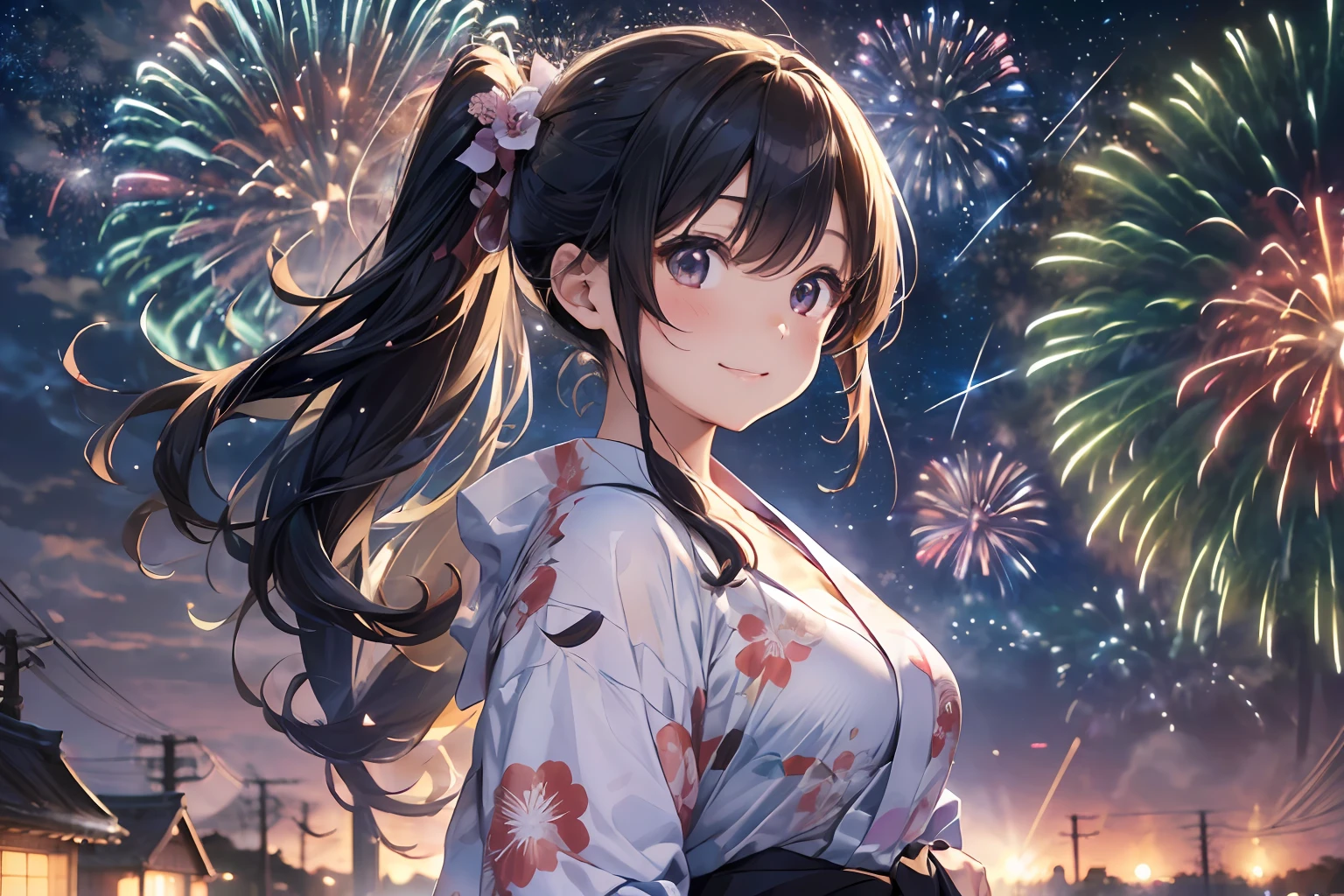 Beautiful Japan girl yukata、(Fireworks in the vast night sky),(top-quality、8K、32K、​masterpiece、nffsw:1.3)、(Photorealsitic:1.4)、Raw photography、a smile:1.4、Wide Angle、hair adornments,Elegant Pose、skyrocket、Fireworks glare、depth of fields、lensflare、