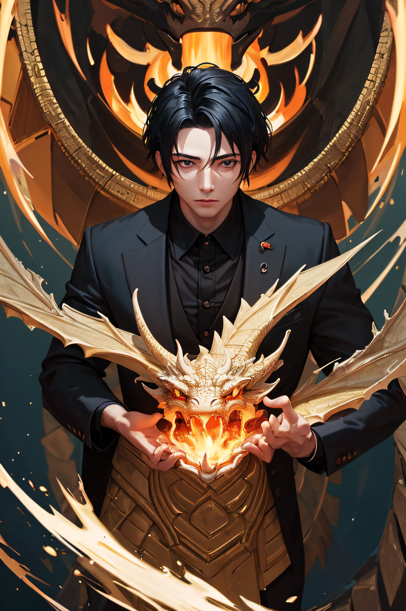 Masterpiece, best quality, 8K, crazy details, complex intricate details, ultra-detailed, ultra-high quality, high detail texture, a black-haired boy, wearing a suit of Chinese style, full of dragon totem, water and fire