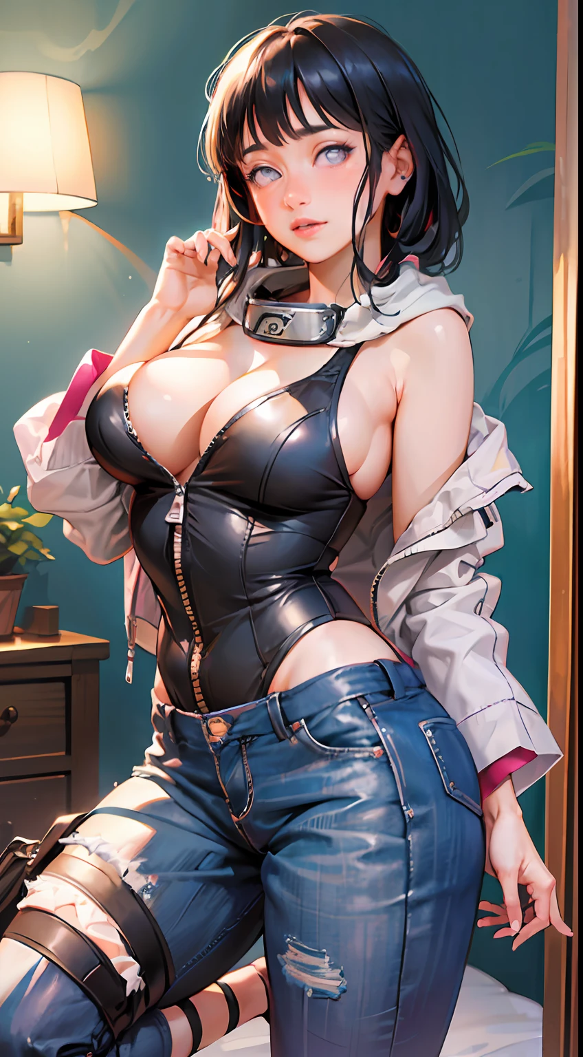 Masterpiece, highres, high Quality, detailed face, detailed body render, 1girl, solo, hyuuga hinata, hinata-sleeveless-outfit, large breasts, big breast, sleeveless shirt, fishnet top, dark lips, unzipped jacket, no bra, breasts out, nipple, standing, blushes, (on bedroom)