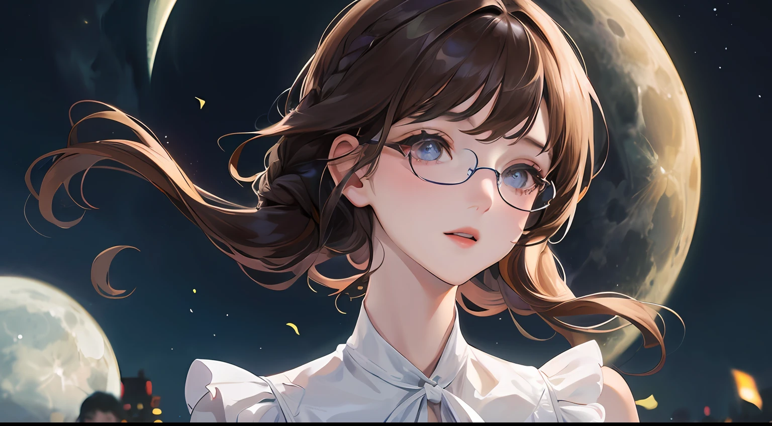 (Top resolution、Distinct_image) best qualtiy、(((1人の女性)))、​masterpiece、ighly detailed、(deep in the night)、、eye glass、Semi-realistic、Brown hair、Braided hairstyle、ssmile、bangss、21 years old、Mature、年轻、White blouse、a moon、delicated facial features、Facial features、mid-shot、