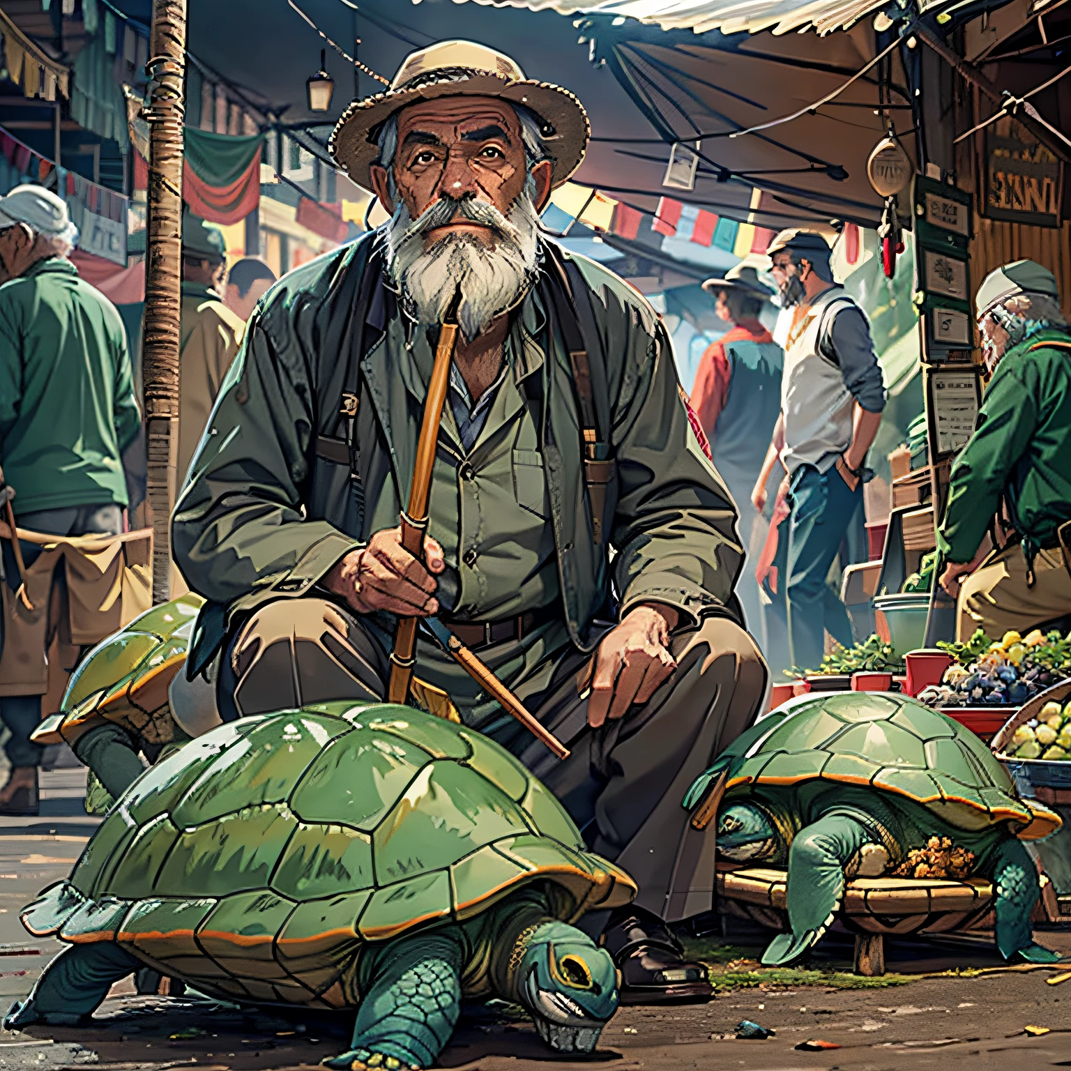 A man，Old man's beard，carrying pole，Green hat，At the bazaar，Sell turtles