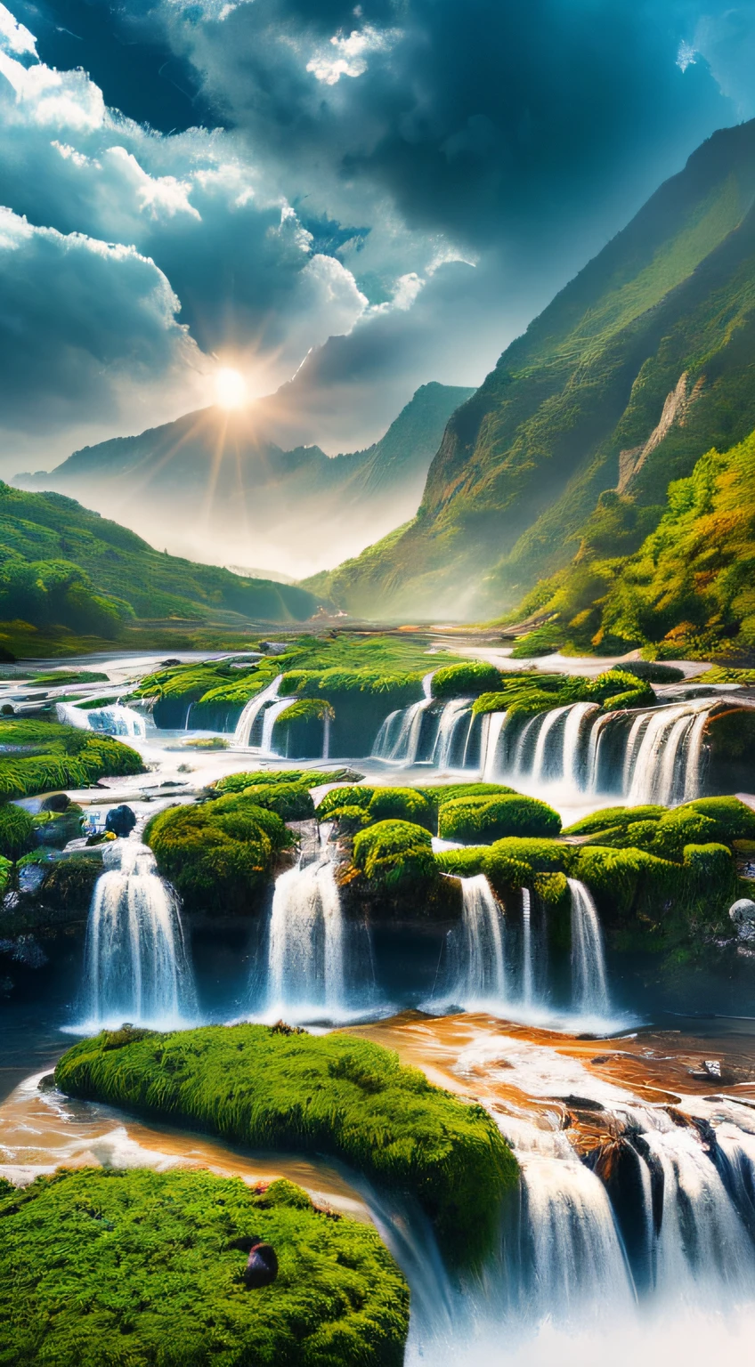 Masterpiece, ultimate quality, Cg unity 8k wallpaper, super delicate, beautiful sky and clouds, rich natural scenery, cliffs, lakes and rivers, waterfalls and flying water, beautiful green mountains, no trace of people, excellent scenery, has already won a photo contest, background Blurring, full depth of field, HDR high dynamics, true restoration, intricate, extreme details, dramatic presentation, perfectly presenting the style of midjourney art.