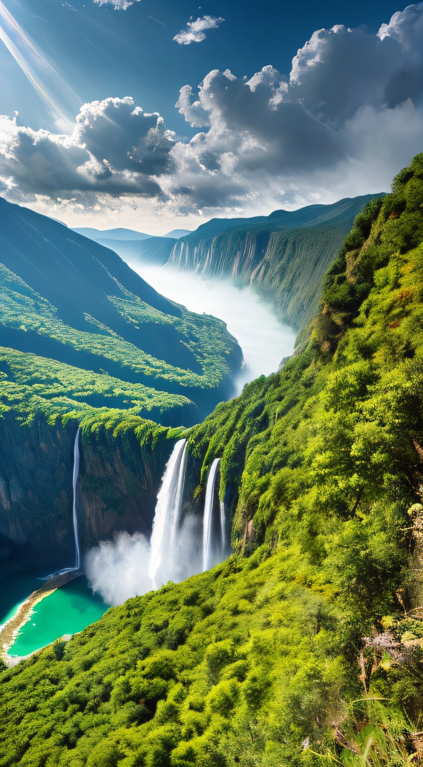 Masterpiece, ultimate quality, Cg unity 8k wallpaper, super delicate, beautiful sky and clouds, rich natural scenery, cliffs, lakes and rivers, waterfalls and flying water, beautiful green mountains, no trace of people, excellent scenery, has already won a photo contest, background Blurring, full depth of field, HDR high dynamics, true restoration, intricate, extreme details, dramatic presentation, perfectly presenting the style of midjourney art.