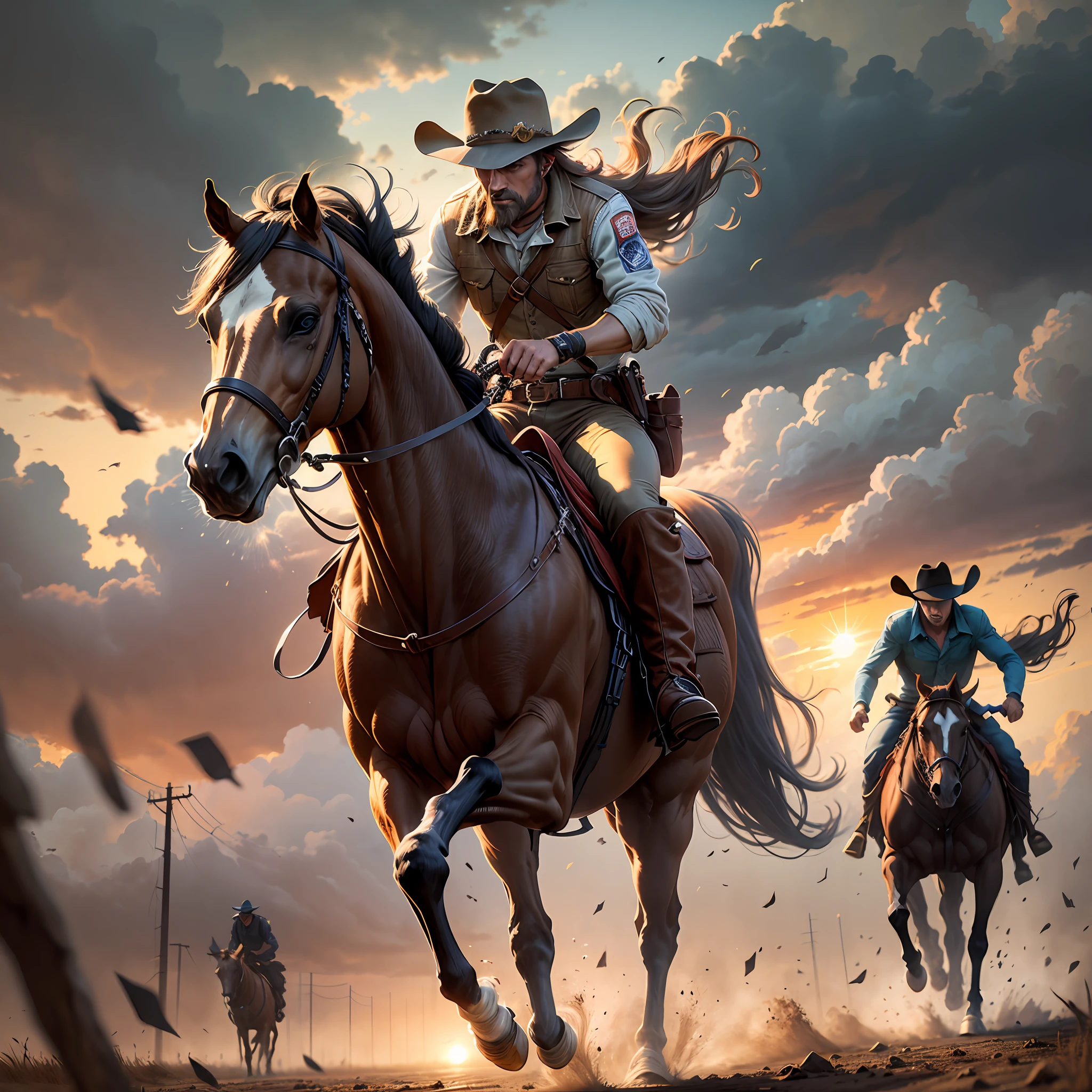 Cowboy in a dystopian apocalyptic world riding his horse while being chased by other outlaws behind him, the sun is setting in a windy & stormy evening with gust of wind trying to knock his hat of his head but the cowboy is holding on to it with his hand