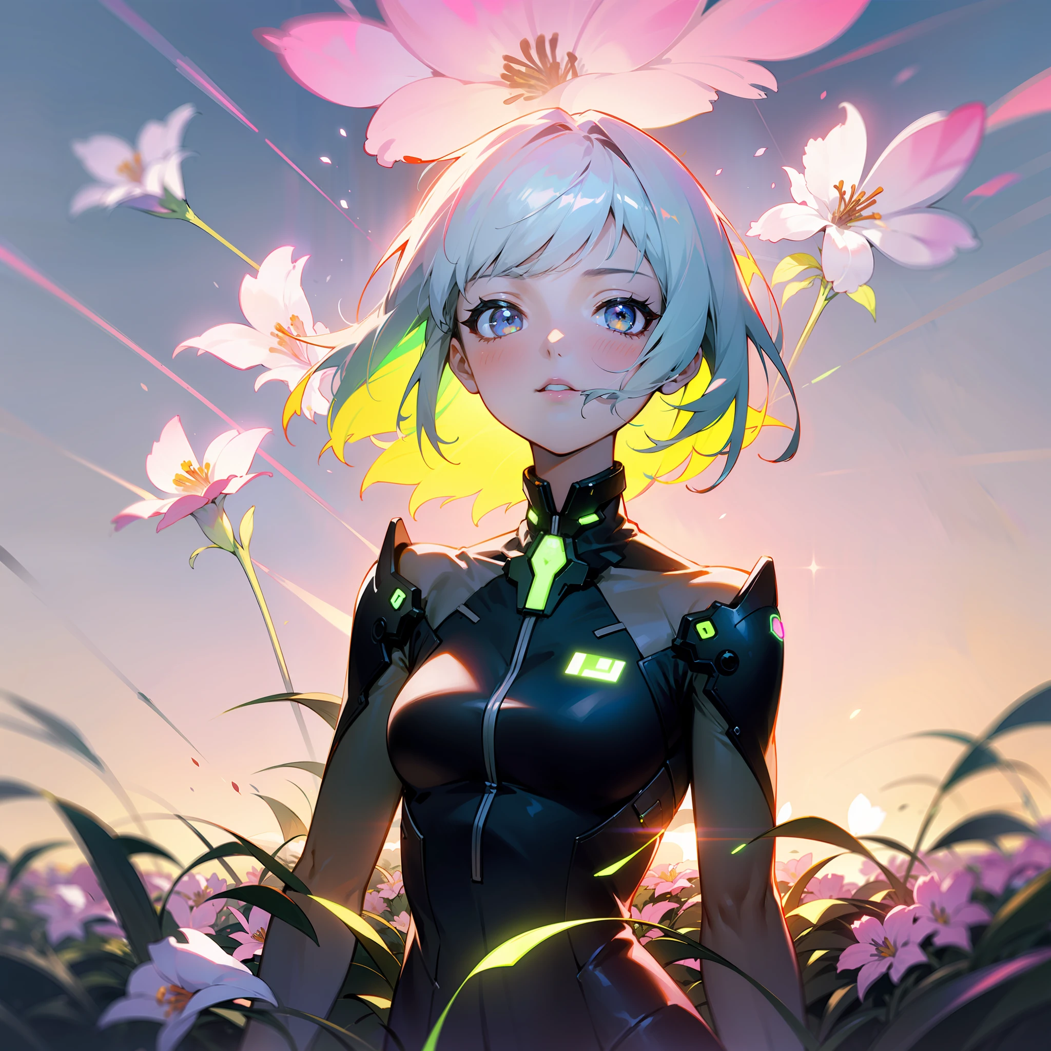 girl in field, dynamic pose, (((neon flowers))), mid shot, portrait, clouds, sunrise