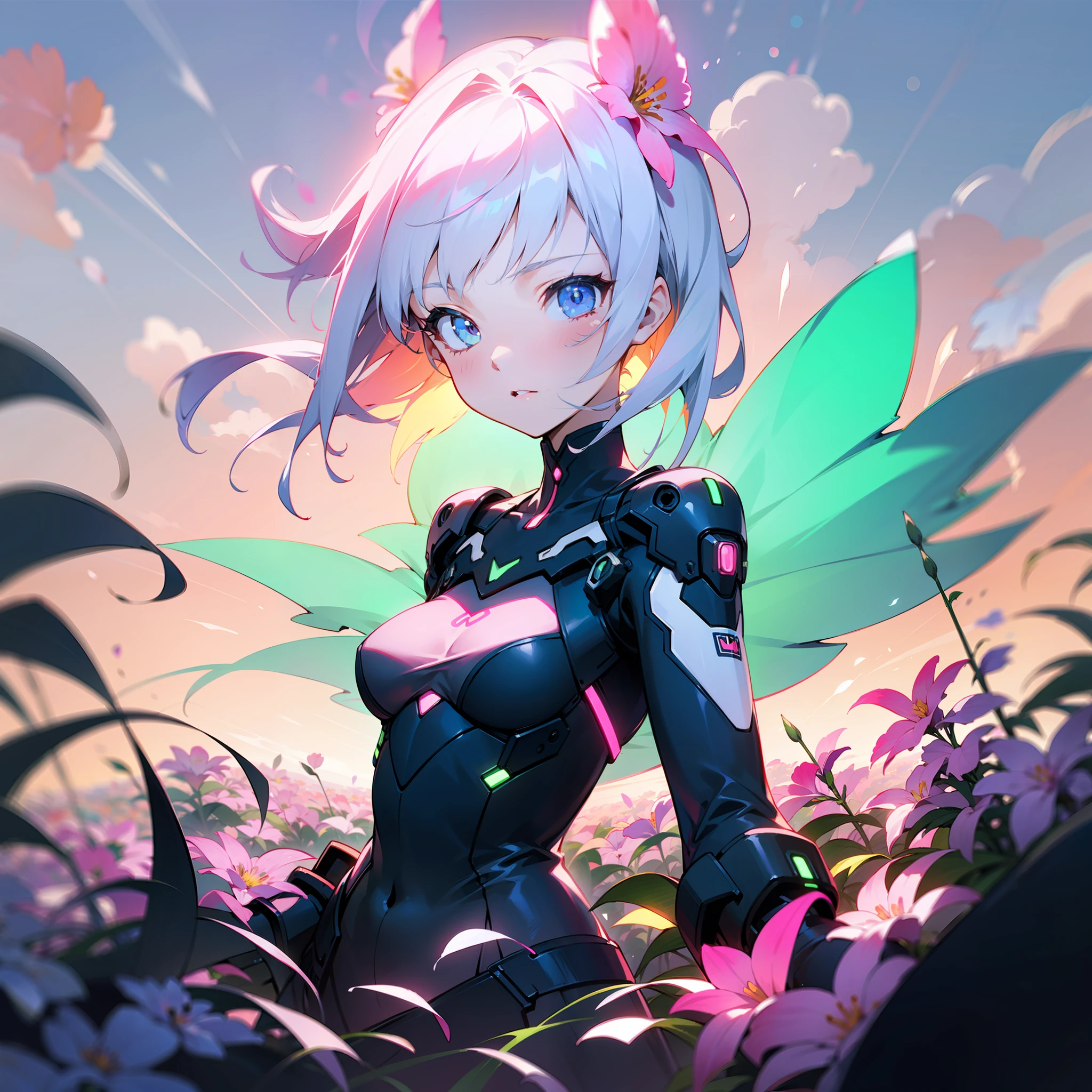 girl in field, dynamic pose, (((neon flowers))), mid shot, portrait, clouds, sunrise