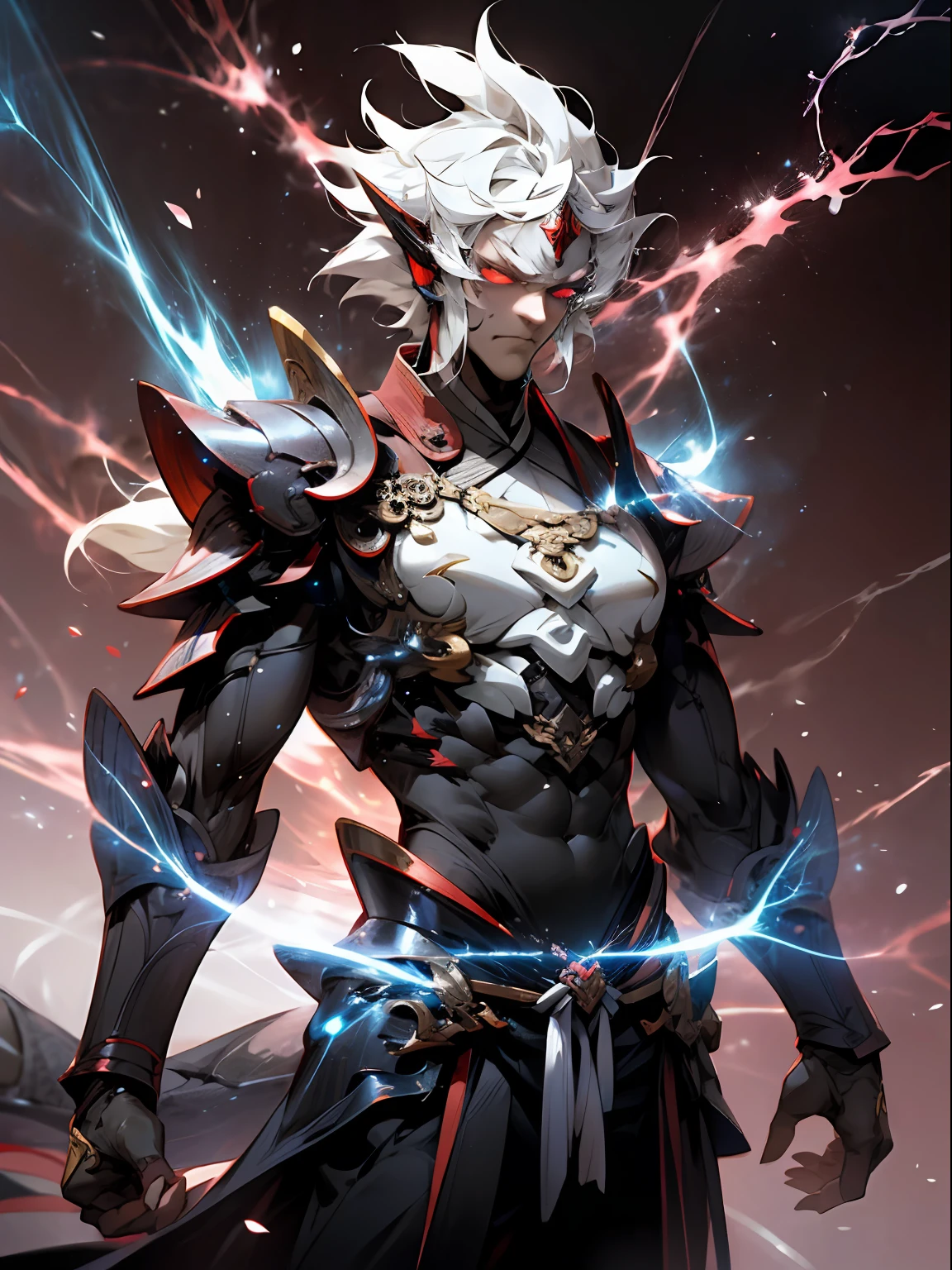 Nichimanga style, Zen ZEN, 1 man, delicate face, wearing armor, surrounded by Chinese characters, with lightning bolts on his body, a divine dragon behind his back, perfect hands, normal fingers, zen
