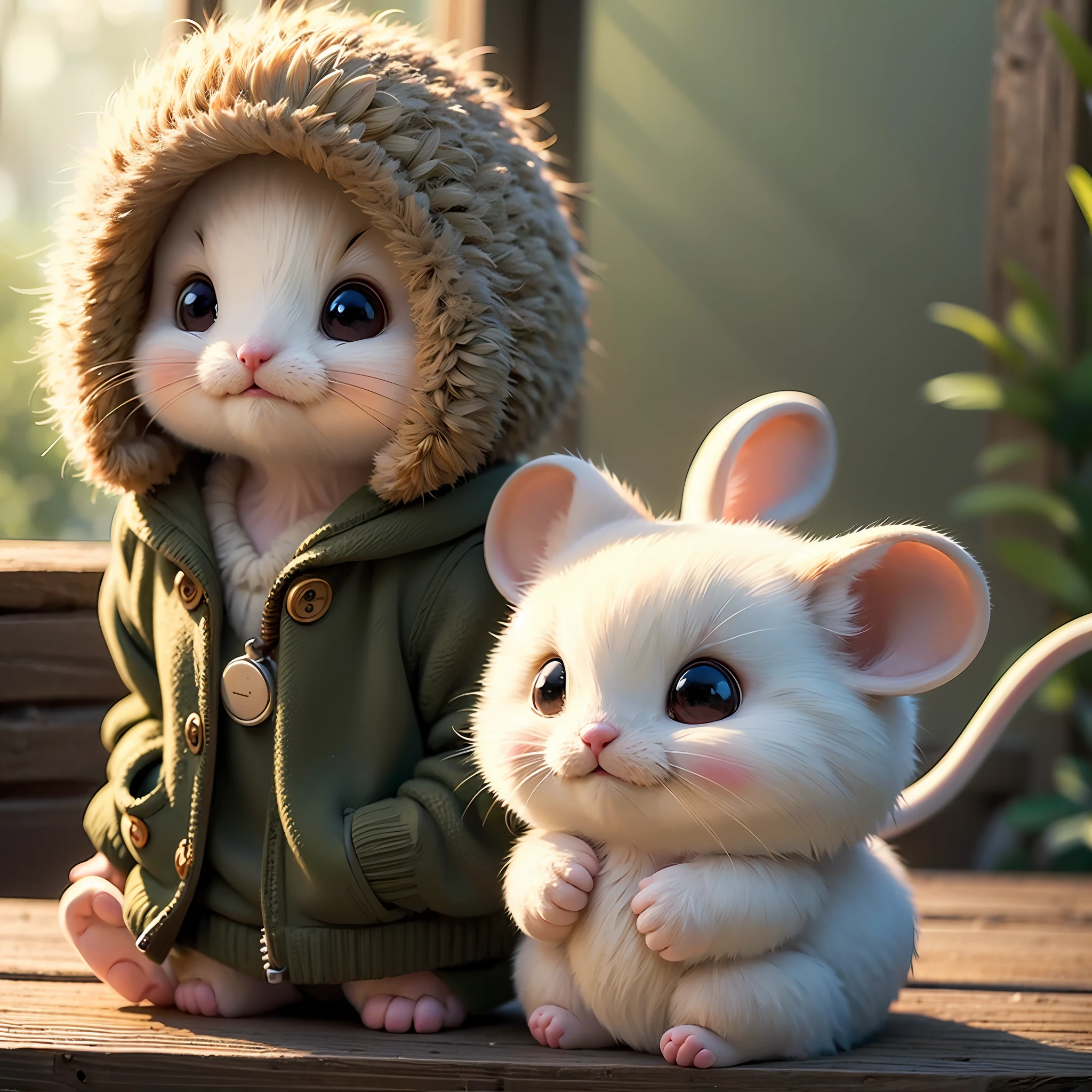A mouse，stump，，adolable，fluffly，realisticlying，gentlesoftlighting，Face the lens