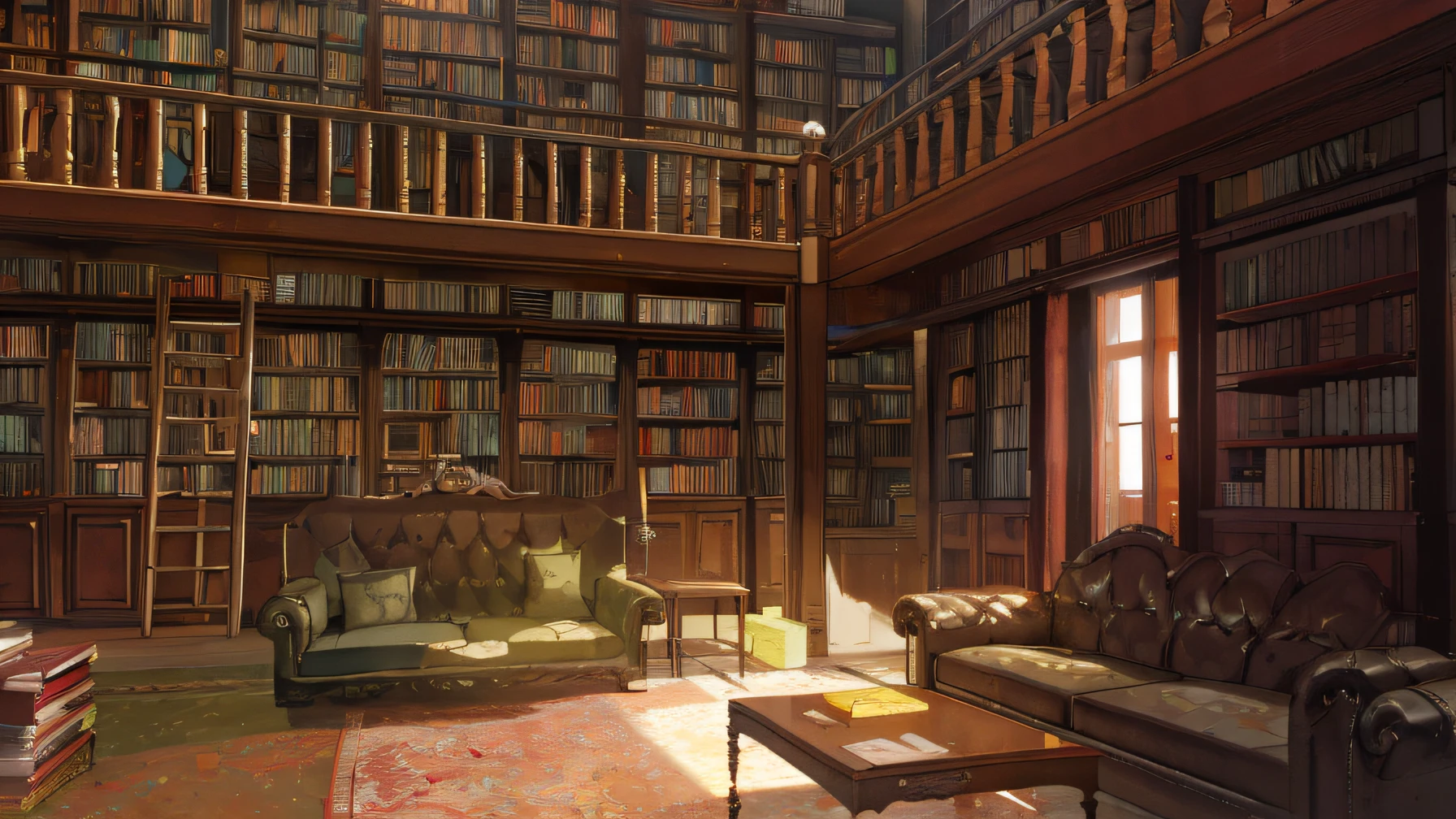 a couch, a table, book shelf, library anime background