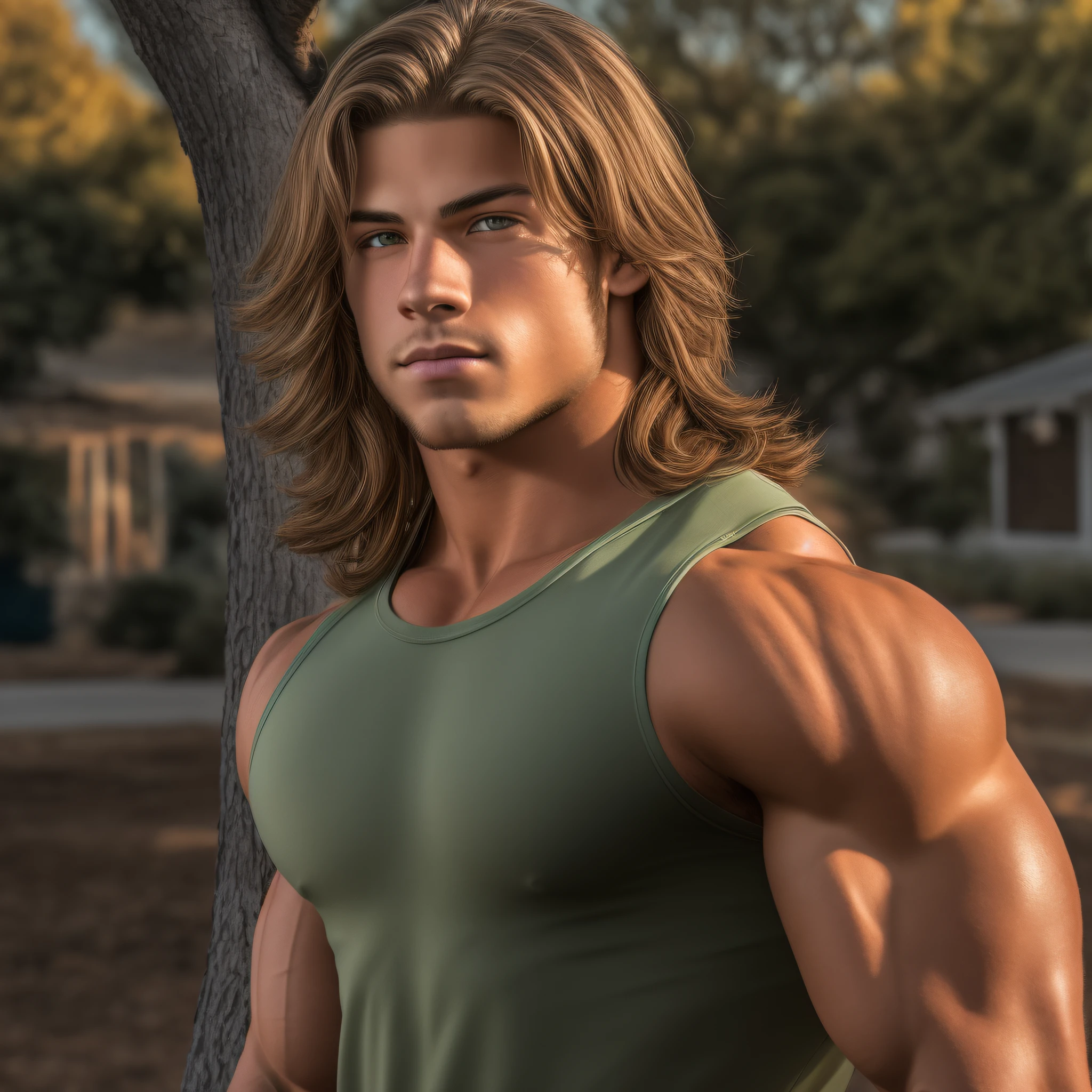 An 18-year-old boy bodybuilder, embodying the perfect fusion of Joey Lawrence and Cody Calafiore with long hair, exuding an aura of strength and confidence. Enhanced with HDR technology, this image depicts a true masterpiece, 4K resolution, in the style of Rick Day, outdoor lighting, light reflections