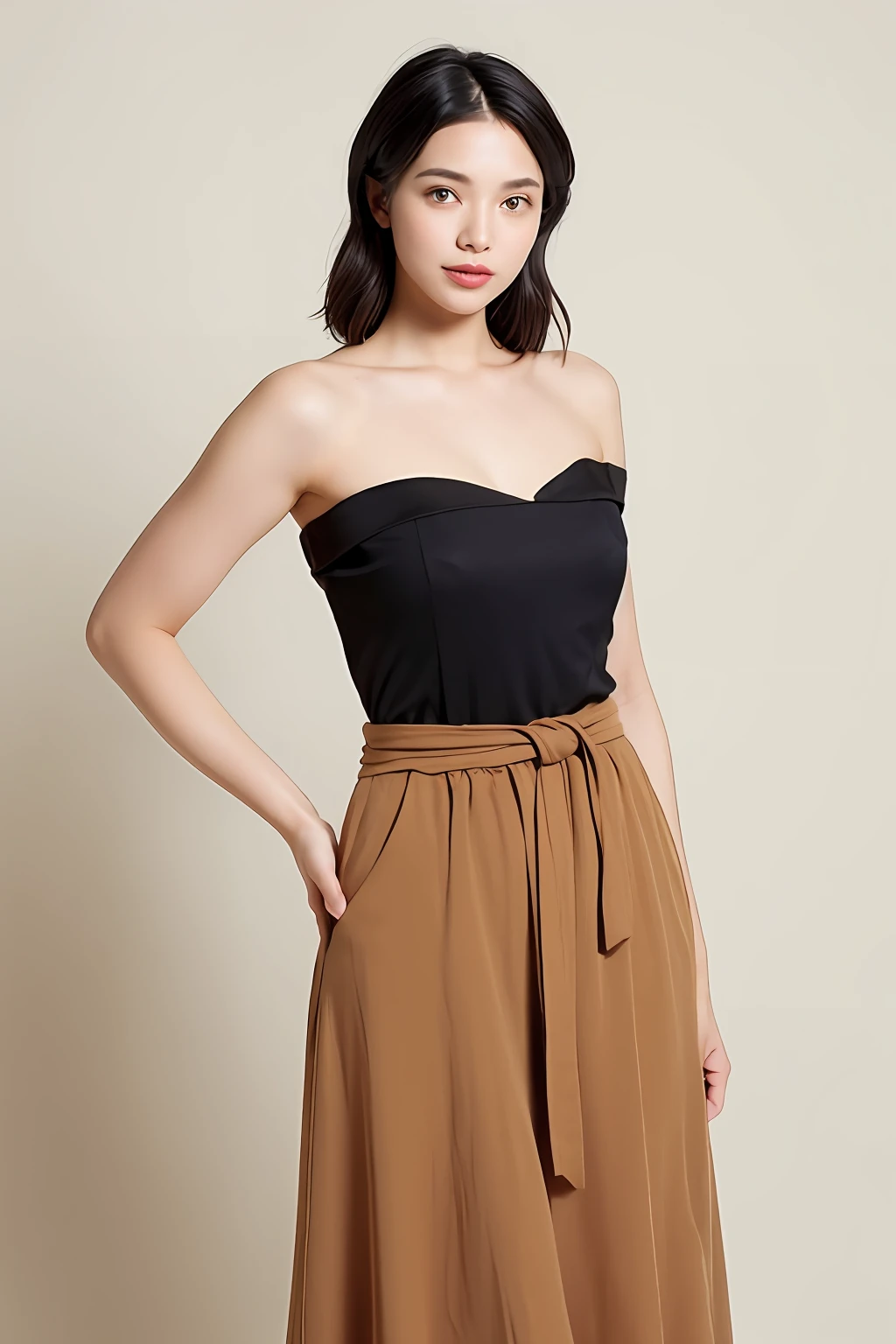 beautiful latino woman black silky hair, Design a beautiful, simple-cut strapless, exudes elegance and charm. background sunny skies background, The dress should be perfect for warm, sunny days and radiate a carefree and feminine vibe. Here are some details to consider:Silhouette: Create a classic and flattering silhouette that enhances the wearer's figure. A popular choice could be a fit-and-flare style with a cinched waist and a flowing skirt.Neckline: Opt for a neckline that is both sophisticated and versatile. A sweetheart neckline or a boat neckline would be lovely options that flatter various body types.Sleeve length: Consider a sleeveless design or short sleeves to embrace the summery feel. However, you could also incorporate delicate cap sleeves or flutter sleeves for a touch of femininity.Fabric: Select a lightweight and breathable fabric, such as cotton or linen, to ensure comfort during warm days. These fabrics also add a casual, effortless charm to the dress.Length: Aim for