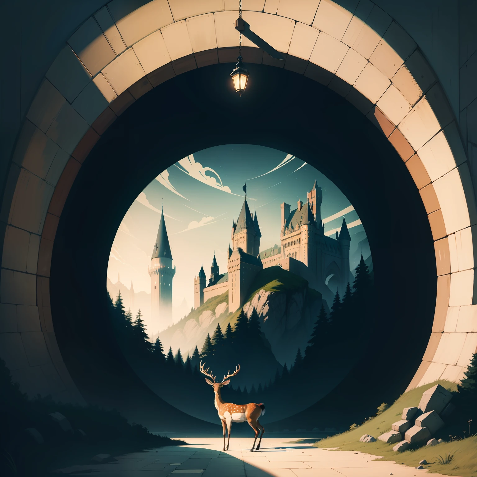 a painting of a deer in the middle of a tunnel with Hogwarts castle in the background by Victo Ngai