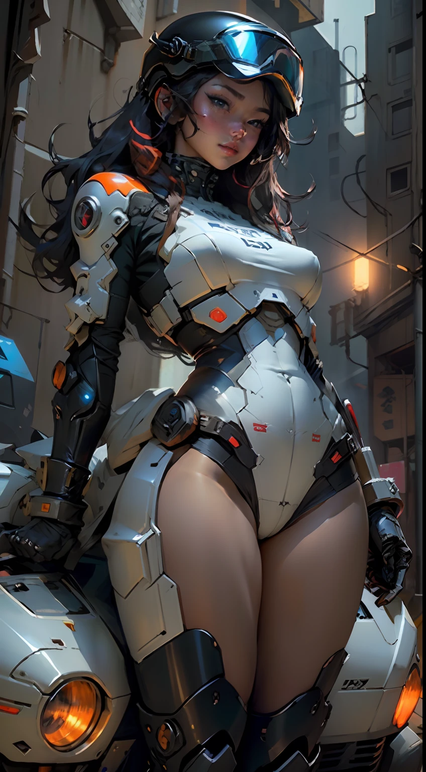 Woman body defined thick thighs cybernetic body parts，Short underwear，The highest image quality，excellent detail，超高分辨率，（真实感：1.4），The best illustrations，Favor detail，Highly concentrated 1girl，exquisite and beautiful face，huge boob，Sexy dressed in black and blue mechs，wearing a mech helmet，Hold the direction controller，Riding a motorcycle，the background is a high-tech lighting scene of the city of the future