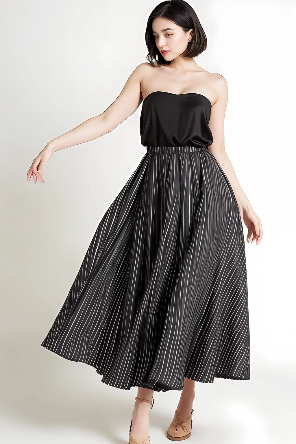 beautiful latino woman black silky hair, Design a beautiful, simple-cut strapless, exudes elegance and charm. background sunny skies background, The dress should be perfect for warm, sunny days and radiate a carefree and feminine vibe. Here are some details to consider:Silhouette: Create a classic and flattering silhouette that enhances the wearer's figure. A popular choice could be a fit-and-flare style with a cinched waist and a flowing skirt.Neckline: Opt for a neckline that is both sophisticated and versatile. A sweetheart neckline or a boat neckline would be lovely options that flatter various body types.Sleeve length: Consider a sleeveless design or short sleeves to embrace the summery feel. However, you could also incorporate delicate cap sleeves or flutter sleeves for a touch of femininity.Fabric: Select a lightweight and breathable fabric, such as cotton or linen, to ensure comfort during warm days. These fabrics also add a casual, effortless charm to the dress.Length: Aim for