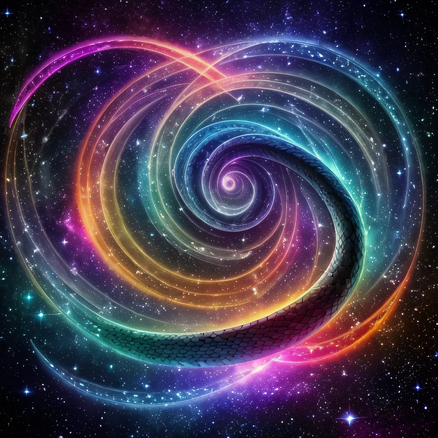 A great cosmic spiritual serpent, de grande poder espiritual de cura, interdimensional. Arte 8k, mistic, celestial, with cosmic scenery and particles of light and stars, constellations and nebulae in the background giving an air of spiritual being, divino, de luz e amor. --auto