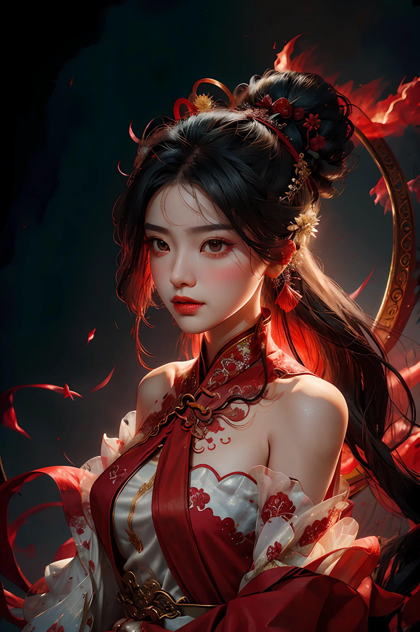 Zhong Fenghua, 1girll, (full bodyesbian) 独奏, Hanfu, flower field, blossom flower, (Red smoke:1.4) (realisticlying:1.5), datura, entangled, offcial art, Unity 8k壁纸, ultra - detailed, Beautiful and beautiful, tmasterpiece,best qualtiy, (dynamic angle:1.4), (Realistic:1.5),(Real human photos;1.5),Glowing skin, (Floating colorful flashes:1),The most beautiful forms of chaos,ellegance,Fauvistdesign,vivd colour,Romanticism Depth of Field,