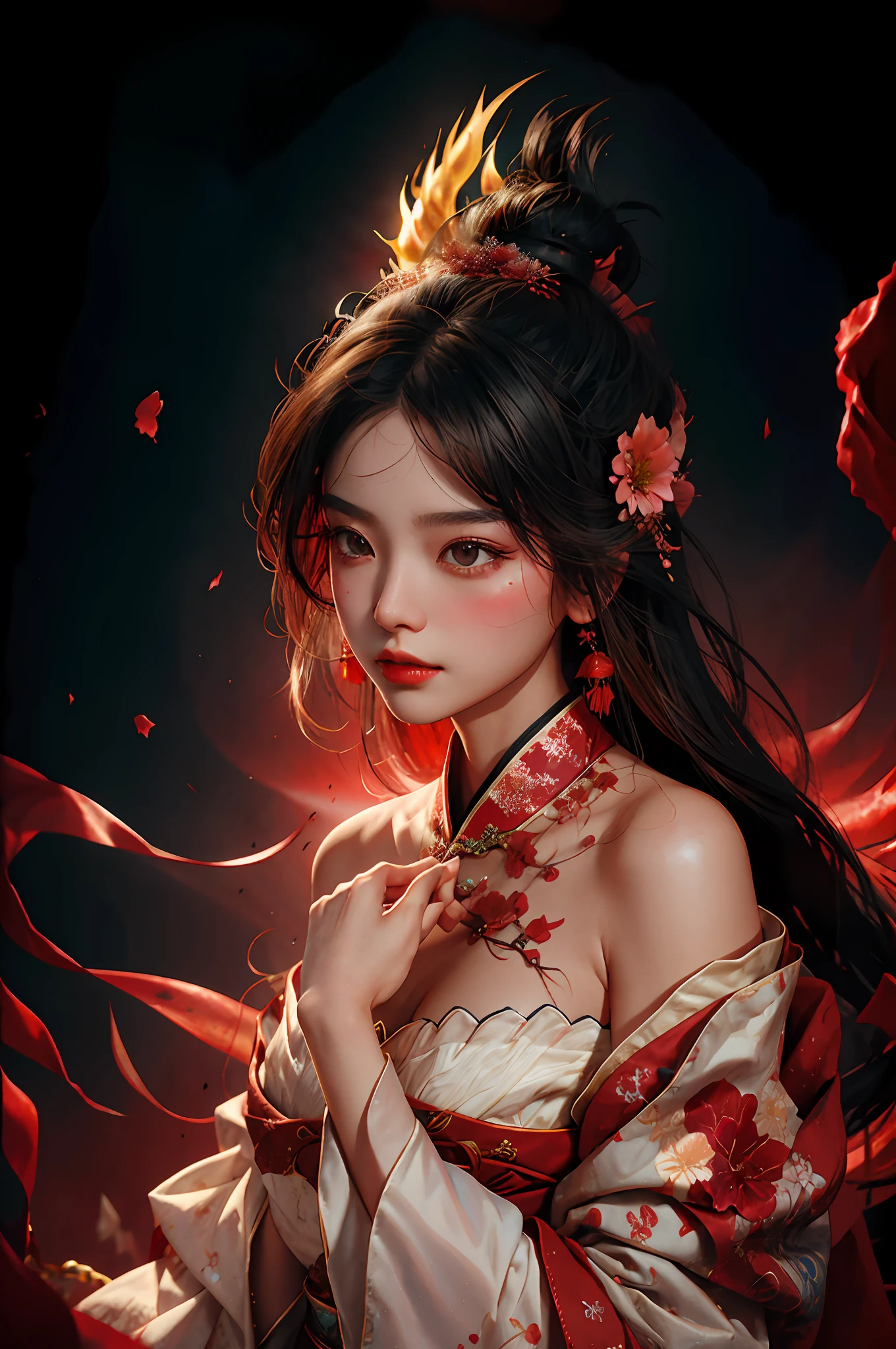 Zhong Fenghua， 1girll， （full bodyesbian） 独奏， Hanfu， flower  field， blossom flower， （Red smoke：1.4） （realisticlying：1.5）， datura， entangled， offcial art， Unity 8k壁纸， ultra - detailed， Beautiful and beautiful， tmasterpiece，best qualtiy， （dynamic angle：1.4）， （Realistic：1.5），（Real human photos；1.5），Glowing skin， （Floating colorful flashes：1），The most beautiful forms of chaos，ellegance，Fauvistdesign，vivd colour，Romanticism Depth of Field，