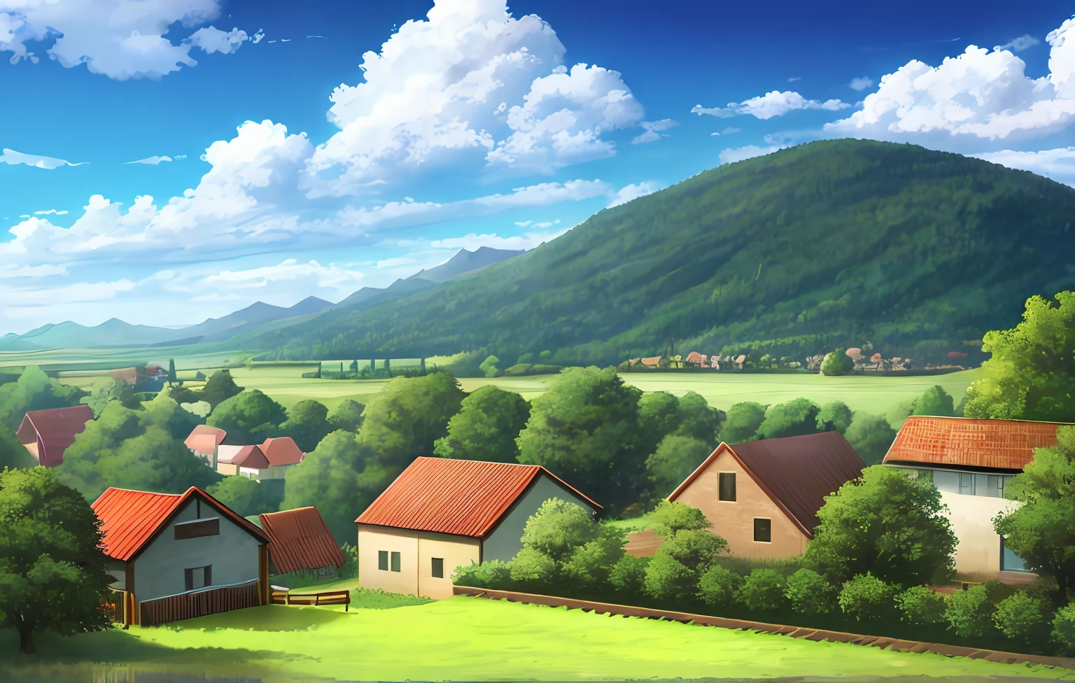landscape, forest, village, well, sky, clouds