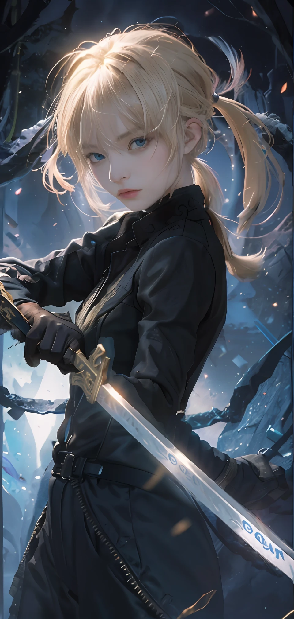 ((masterpiece:1.2, best quality)), realistic, 1girl, solo, blood, male focus, looking at viewer, artoria pendragon \(fate\), black (((suit))), black (((pant suit))), (((ponytail))), (((black gloves))), aurora, night, stars (sky), sky, night sky, starry sky, holding Magic Sword, Dark Clouds, Night, model shot, (Impressionism: 1.4), (Tarot: 1.3), Alphonse Mucha, BREAK