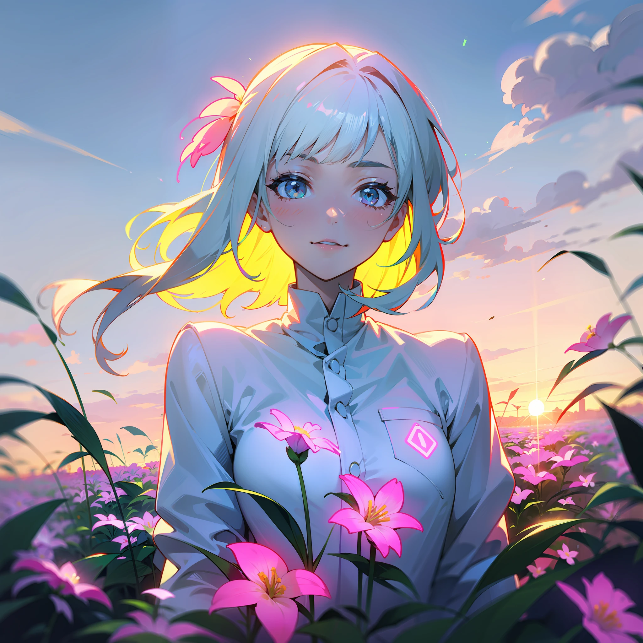 girl in field, (((neon flowers))), mid shot, portrait, clouds, sunrise