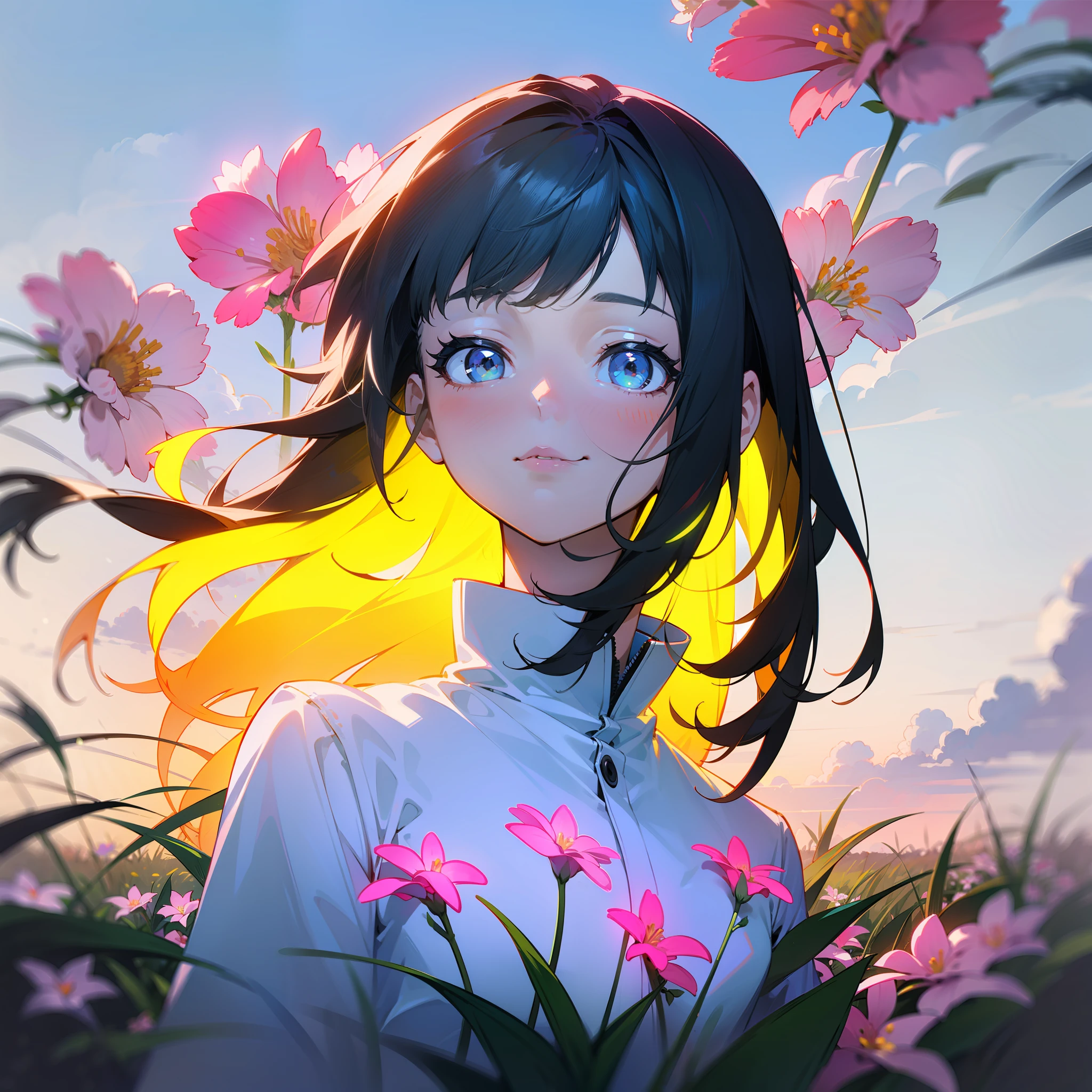 girl in field, (((neon flowers))), mid shot, portrait, clouds, sunrise