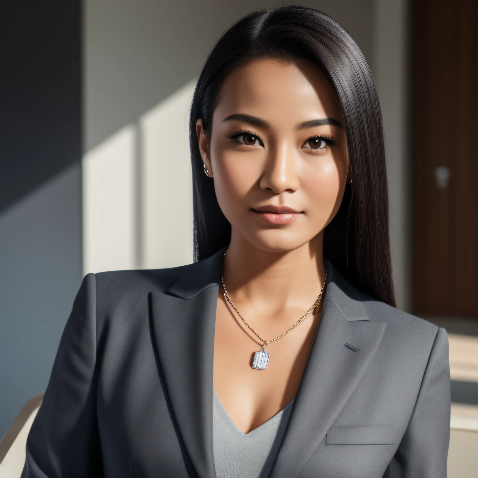 arafed woman in a gray suit posing for a picture, wearing business suit, woman in business suit, wearing a business suit, girl in suit, well lit professional photo, professional closeup photo, wearing black business suit, female in office dress, girl in a suit, close-up professional portrait, indonesian woman, an asian woman, wearing a strict business suit. (makeup:0.3), full body shot:1.3,bokeh:1.2, indoors, smooth skin, necklace, black_hair, realistic_detailed_skin_texture, good hands, good feet, (8k, RAW photo, best quality, masterpiece:1.2), (realistic, photo-realistic:1.37), ultra high res, photon mapping, radiosity, ((Hasselblad photography)),physically-based rendering, professional soft lighting, light on face