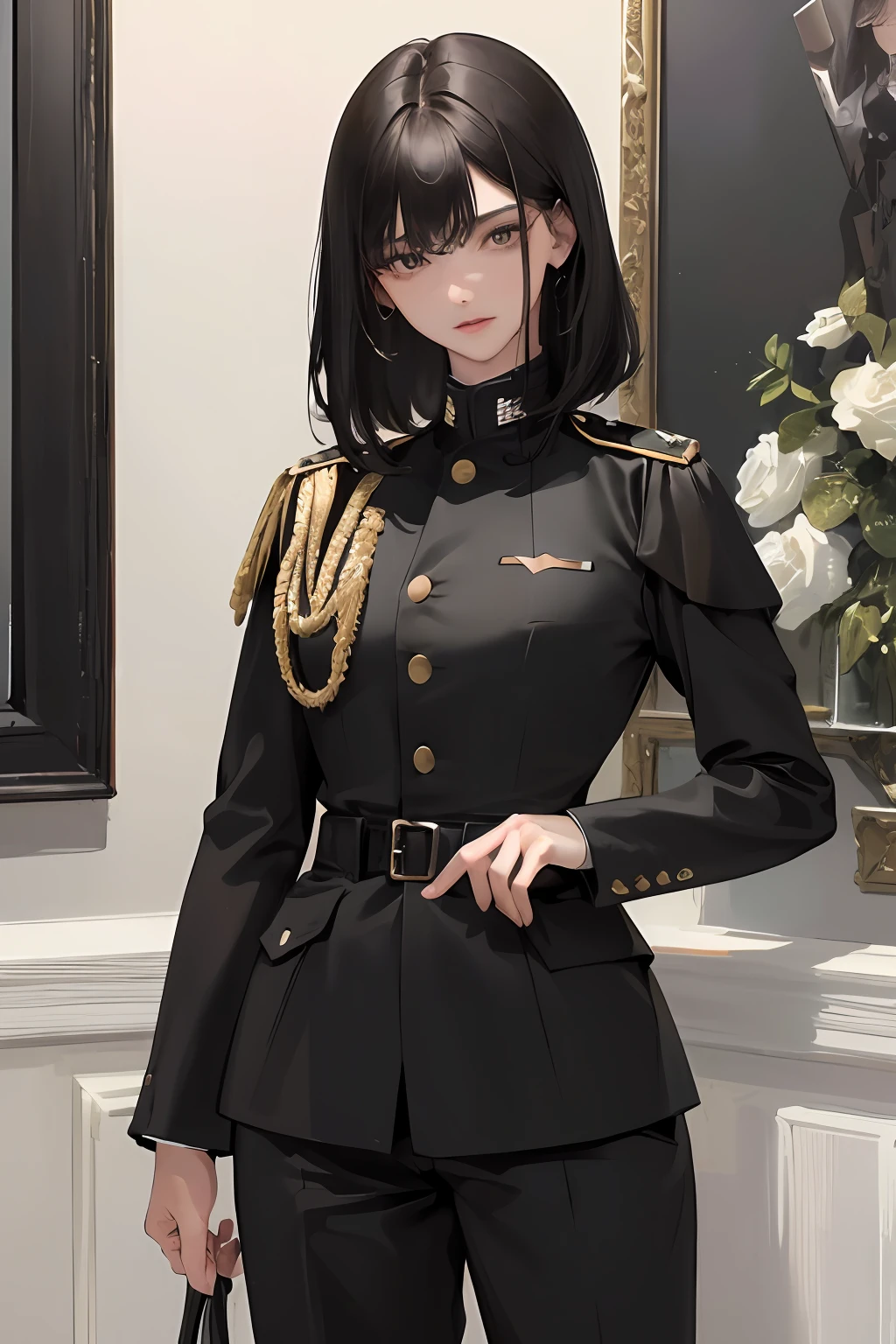 (Highest resolution, distinct_image) The best quality, A woman, Masterpiece, Highly detailed, Half realistic, with short black hair, Black hair, bangs, 21 years old, shoulder-lengthhair, mature, Young, Black clothing, black uniforms, army suit, Military academy, Beautiful, Heroic, Heroic, indoor background, Delicate and delicate facial features